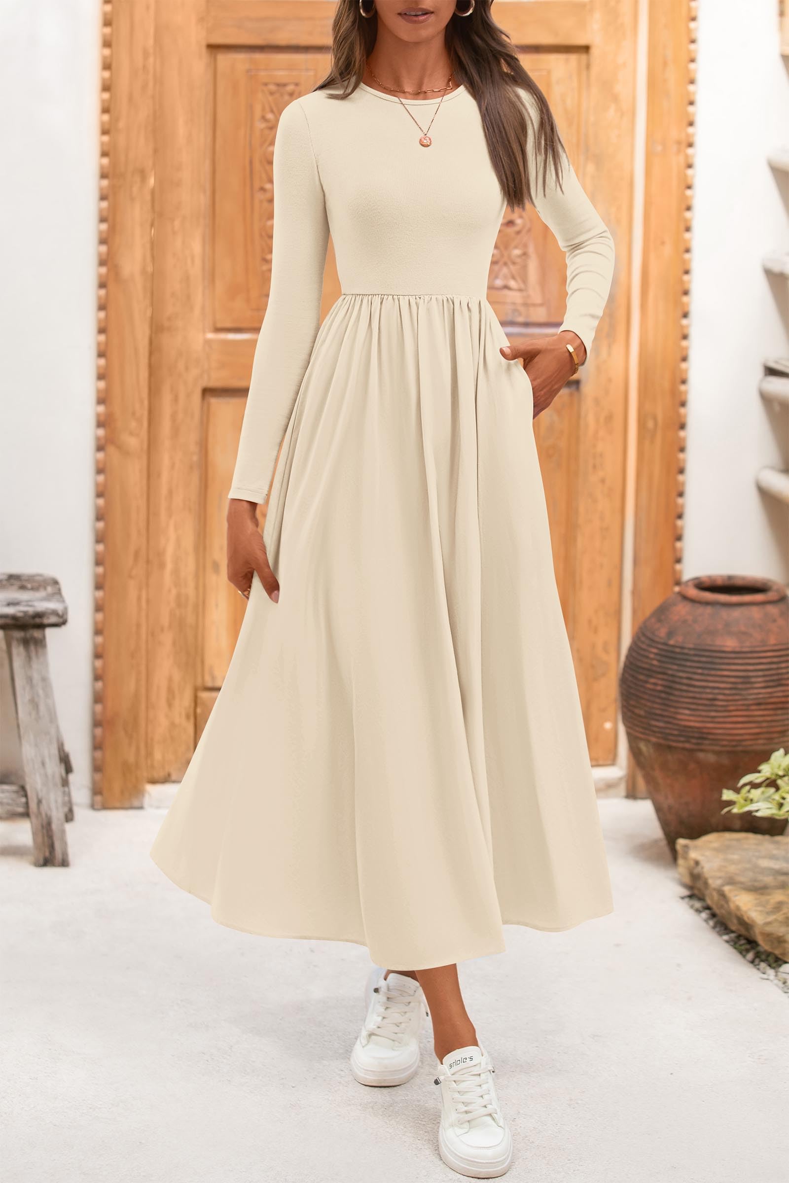 KIRUNDO Women's Elegant Boho Flowy Midi Dress with Pockets - Long Sleeve Casual Wedding Guest Dress for Spring Summer Fall 2025 | Perfect for Garden Parties, Bridal Showers & Date Nights