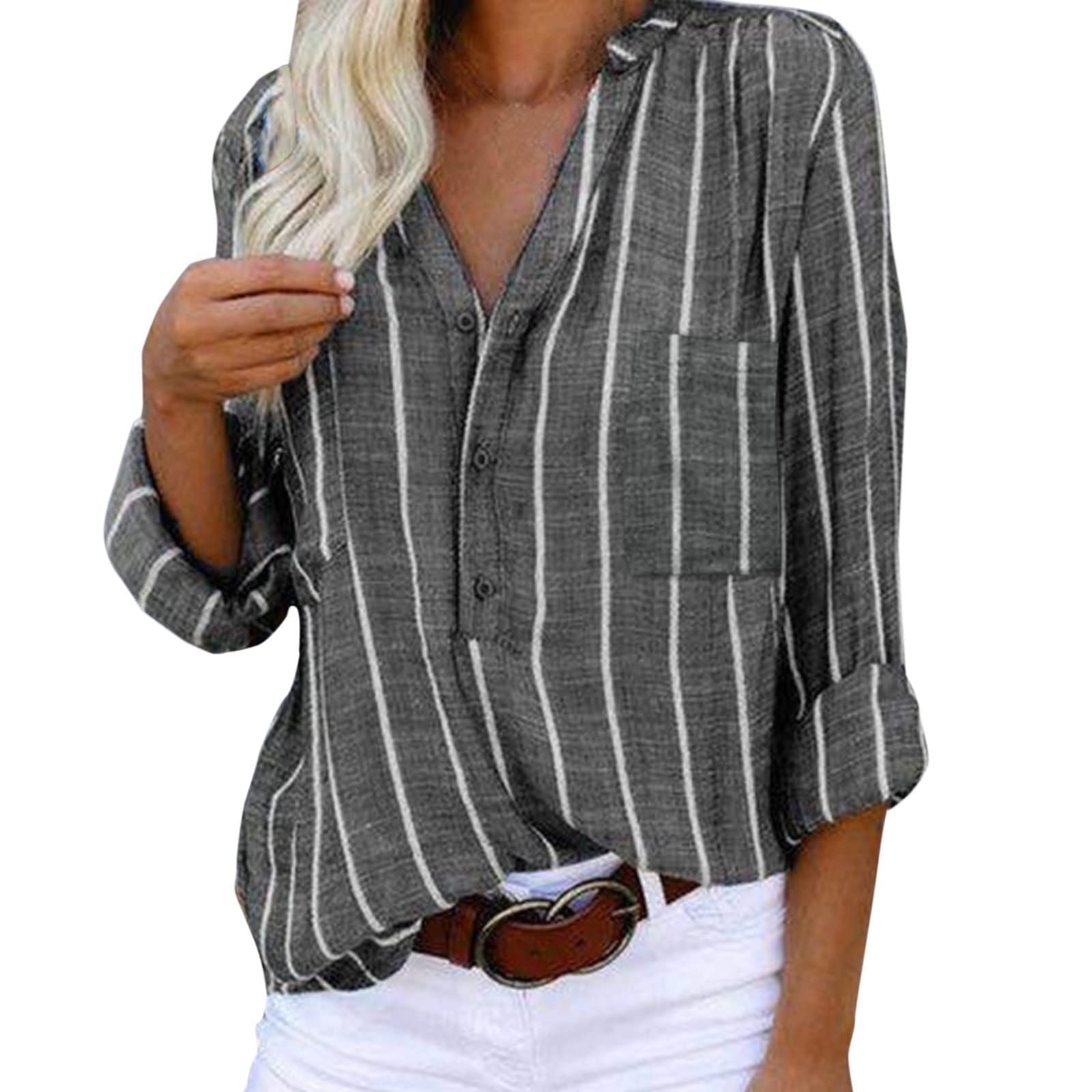 UODSVP Women's Linen Shirt - Striped Printed Lapel Long Sleeve Half Button Blouse for Summer Casual Wear | Perfect for Office, Beach & Date Night Outfits