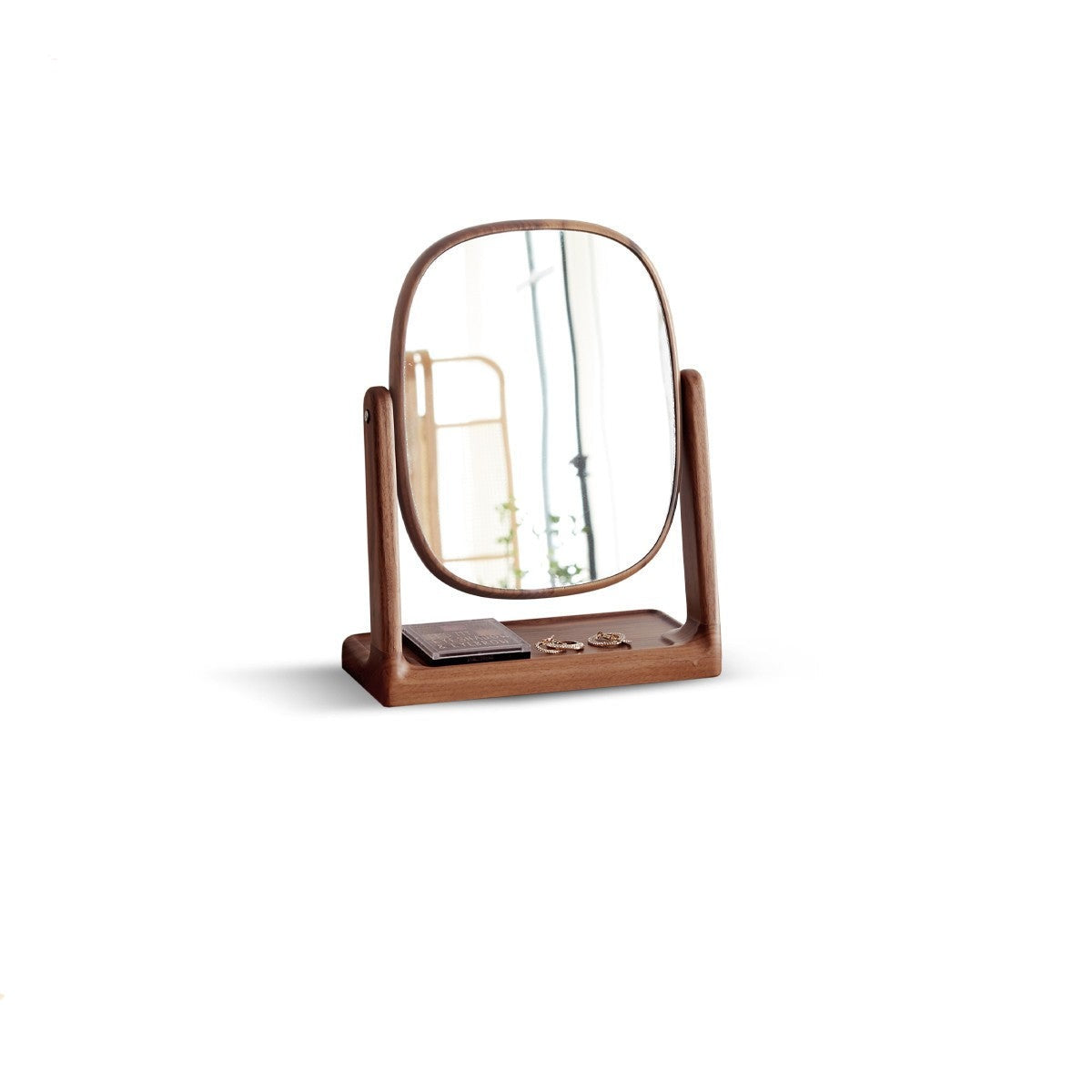 Premium Black Walnut Solid Wood Makeup Mirror & Jewelry Storage Box with 360° Rotation - Perfect for Vanity, Dressing Table, and Bathroom Organizer