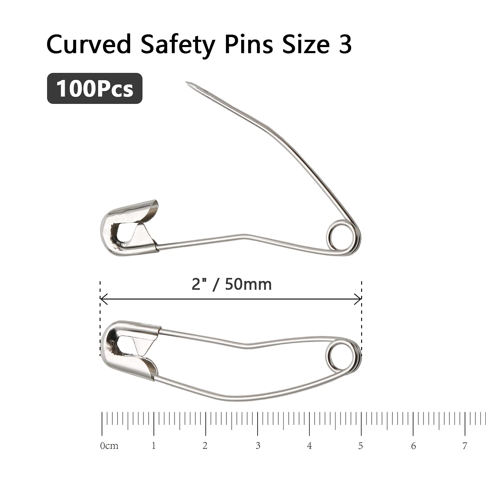 100Pcs Curved Safety Pins Size 3, 2 Inch / 50mm Quilting Basting Pins - Bent Safety Pins for Quilting, Sewing, Knitting and Crafting (Silver) - Perfect for Fabric Basting, Quilt Layers, DIY Projects and Clothing Repairs