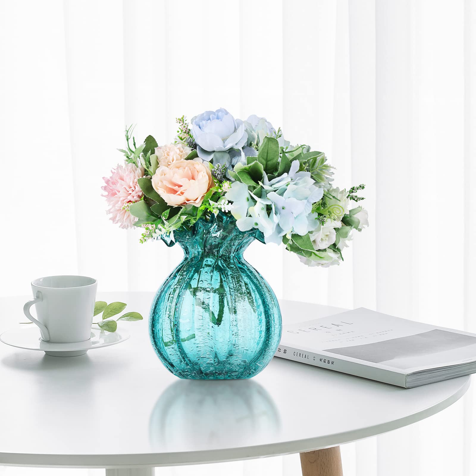 Modern Green Blown Glass Art Vase - Handcrafted Centerpiece for Living Room, Kitchen, Wedding, Dining Table, and Home Decor with Flowers