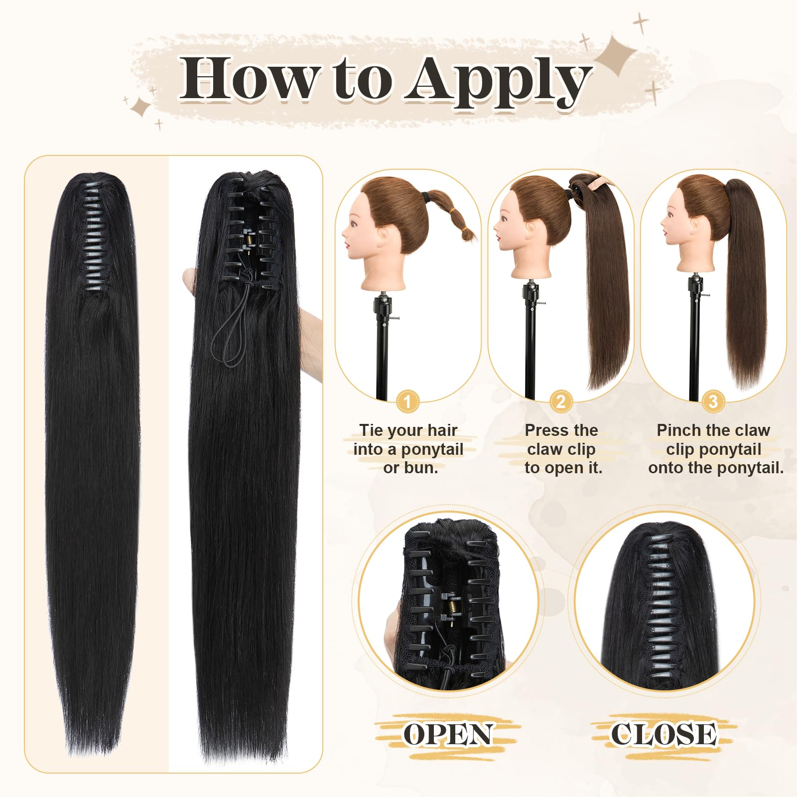 Natural Human Hair Ponytail Extension with Secure Claw Clip - Soft 14-22 Inch Hairpiece for Women in Jet Black (20