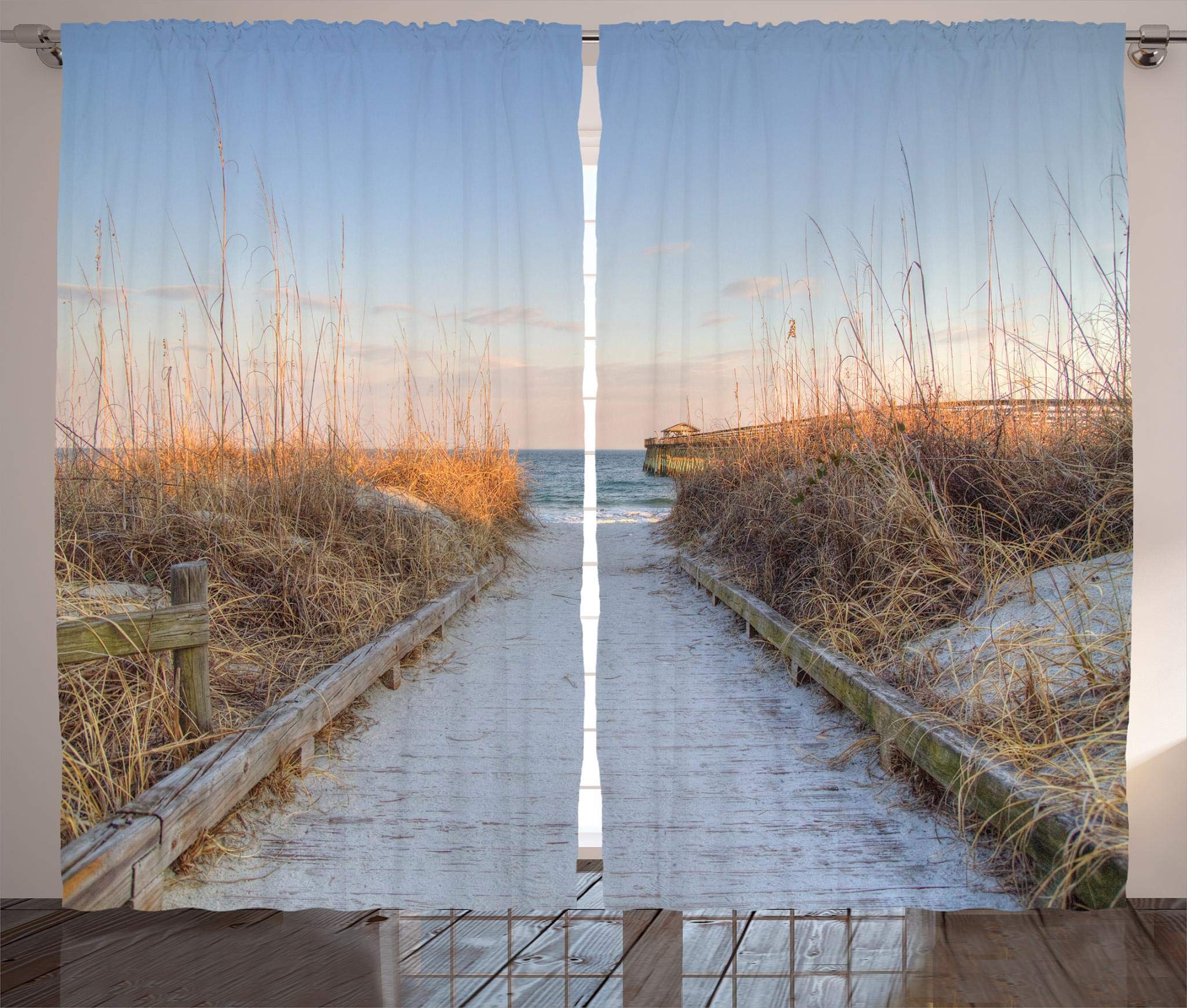 Ambesonne Beach Themed Curtains - Sunset Sea Oats Coastal Design from Myrtle Beach SC | 2 Panel Window Drapes 108