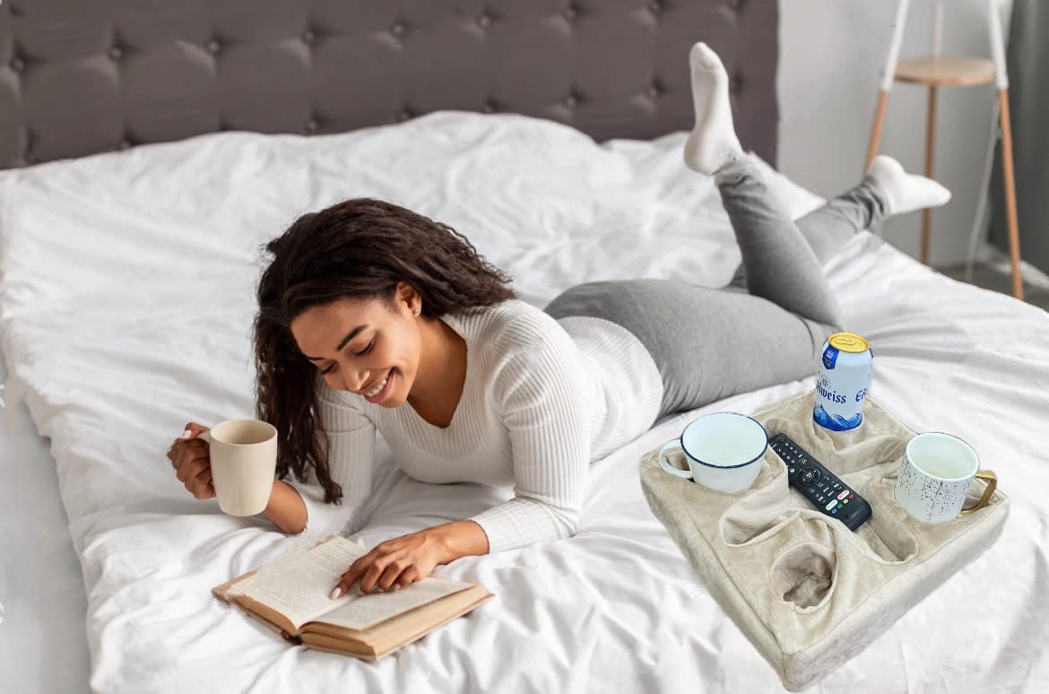 Xchouxer Couch and Bed Cup Holder Pillow - Sofa Armrest Tray for Drinks, Remote Control & Snacks - Beige Cushion Organizer - Perfect for Movie Nights, Gaming & Relaxing in Bed or Living Room
