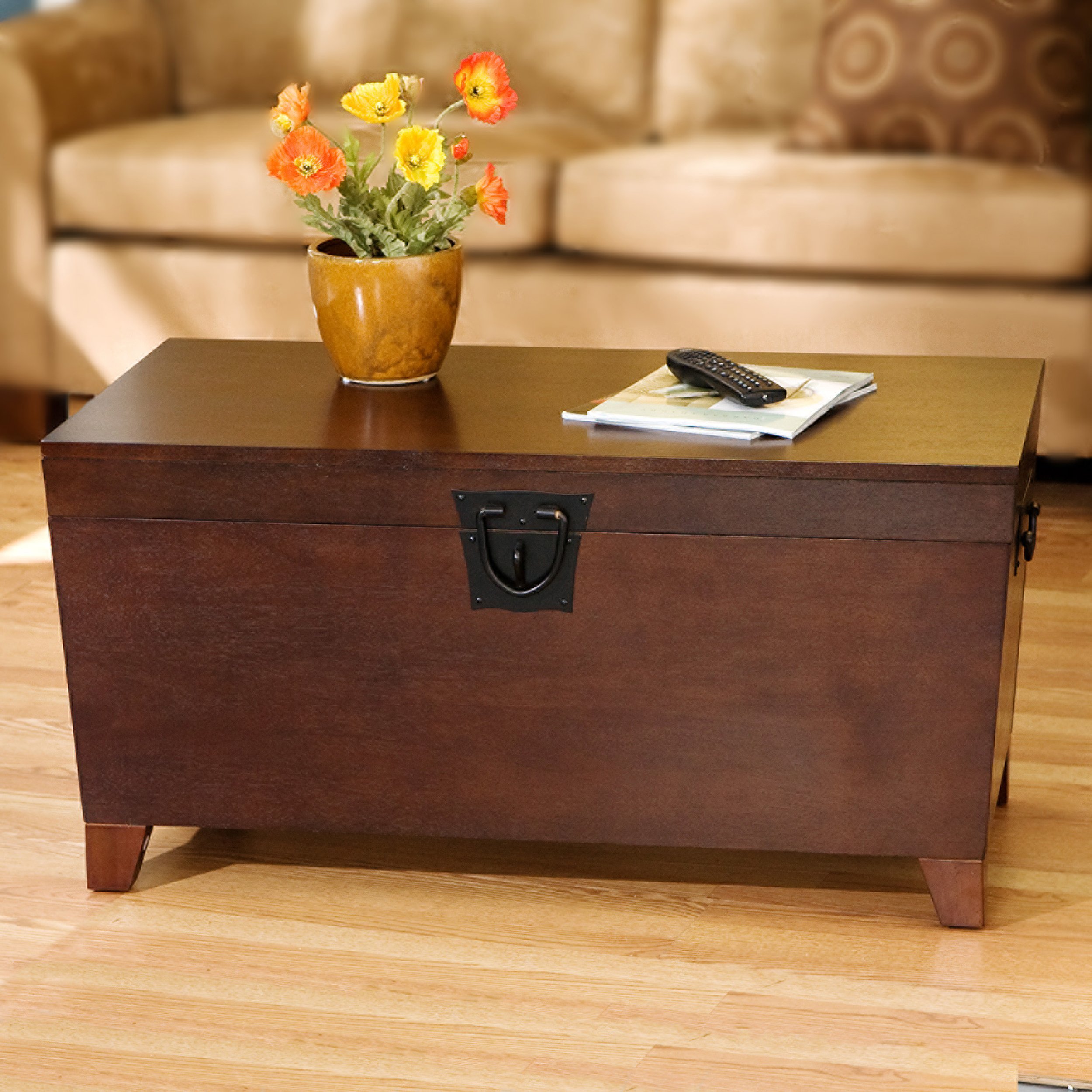 SEI Pyramid Storage Trunk Coffee Table - Espresso Brown Wooden Ottoman with Hidden Storage | Perfect for Living Room, Bedroom & Small Space Organization