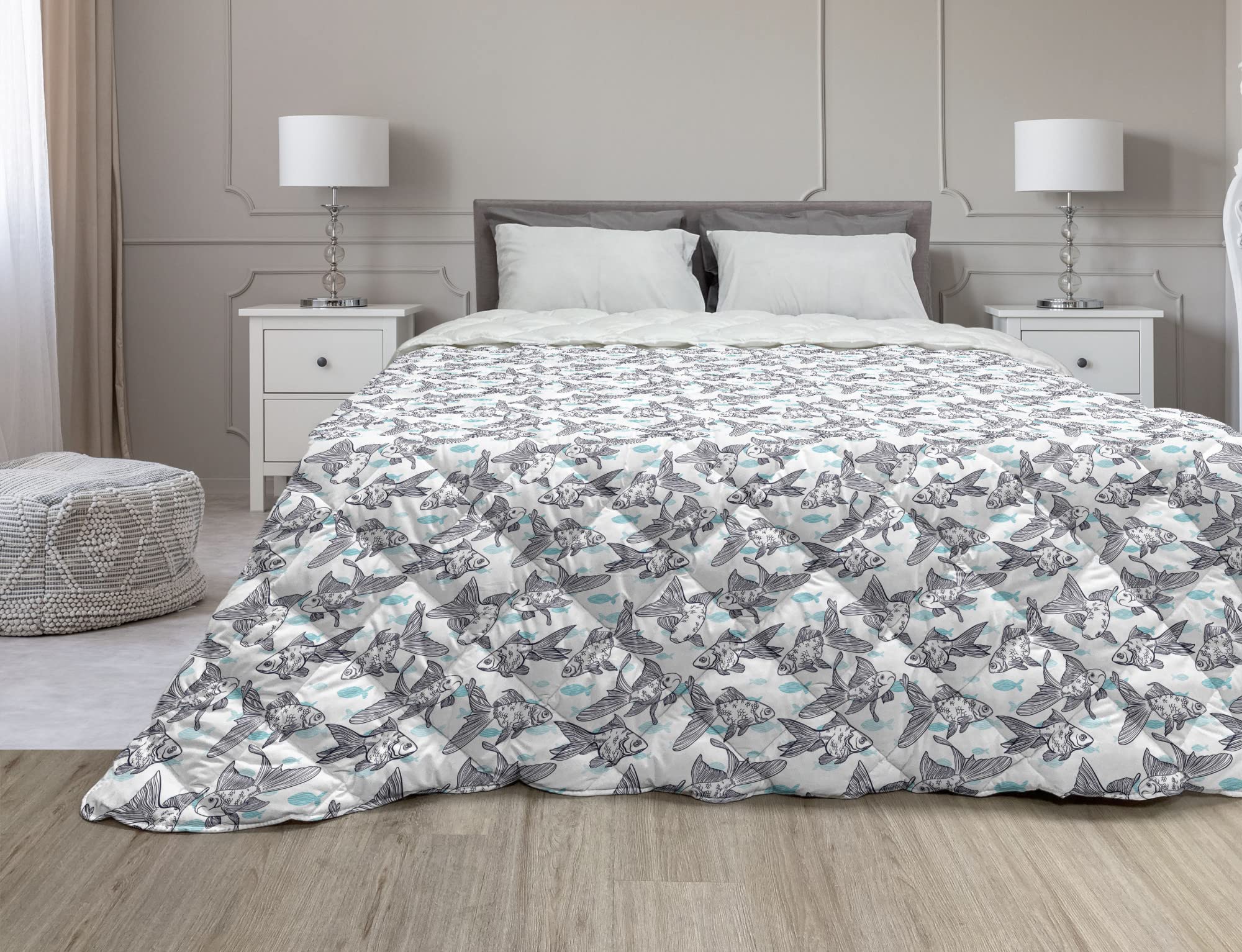 Ambesonne Fish Down Alternative Comforter - Twin Size Deep Sky Blue Indigo | Cartoon Underwater Striped Design Microfiber All-Season Bedding | Perfect for Kids' Rooms, Beach Themed Decor & Cozy Bedroom Makeovers