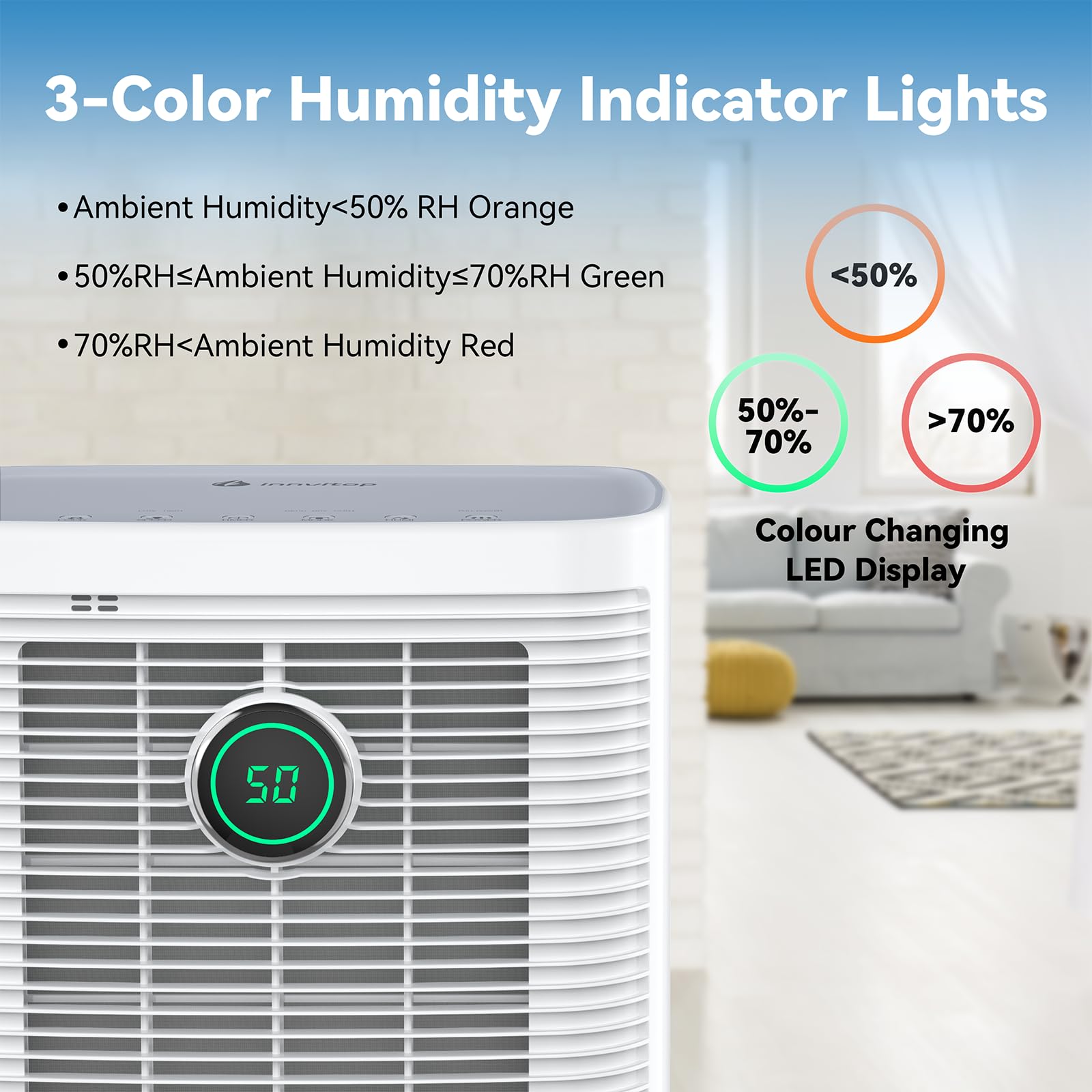 Innvitop 12L/Day Dehumidifier with Digital Humidity Display & 24H Timer - Quiet Home Dehumidifier for Bedroom, Basement, Laundry Room - Continuous Drainage for Drying Clothes & Eliminating Dampness | Perfect for High Humidity Areas & Mold Prevention