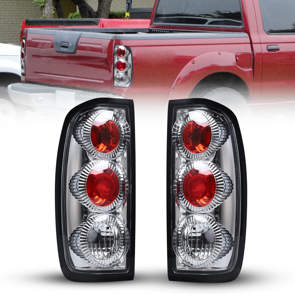 ROXX Replacement Tail Lights for 1998-2004 Nissan Frontier - Black Housing with HD Lens - Left & Right Side Taillamps - Chrome Trim & Clear Lens - Perfect for Night Driving & Off-Road Adventures