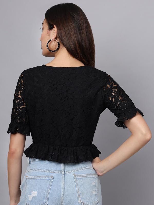 Eavan Women's Black Embroidered Crop Top - Stylish Summer Fashion for Casual Outings & Beach Wear