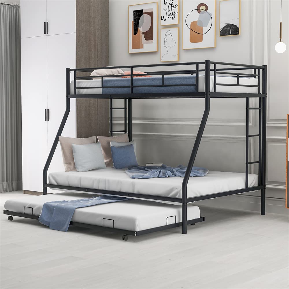 LLS Metal Bunk Bed with Trundle - Twin Over Full Bunk Bed Frame with Full-Length Guardrail & 2 Ladders - Heavy Duty Space Saving Bunk Beds for Kids & Adults - Convertible to 2 Separate Beds - No Box Spring Needed - Black - Perfect for Small Bedrooms, Guest Rooms & Vacation Homes