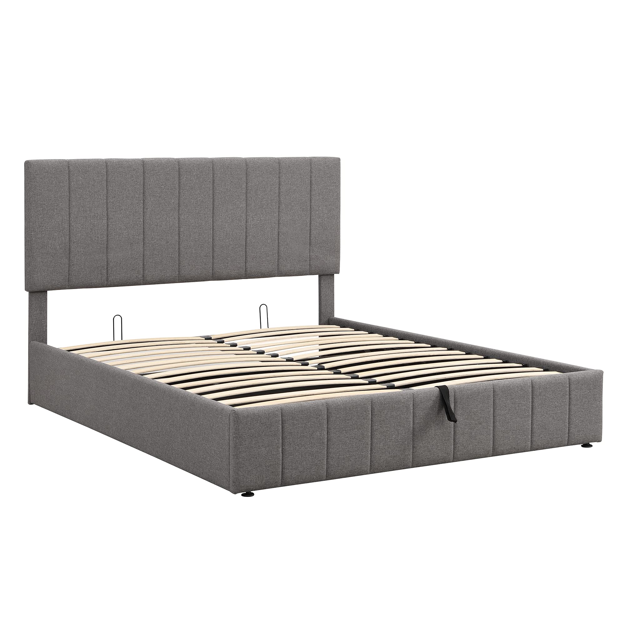 P PURLOVE Upholstered Queen Platform Bed Frame with Vertical Stitched Headboard, Hydraulic Storage & Wood Slat Support - No Box Spring Needed (Gray) | Modern Bedroom Furniture for Small Spaces & Guest Rooms