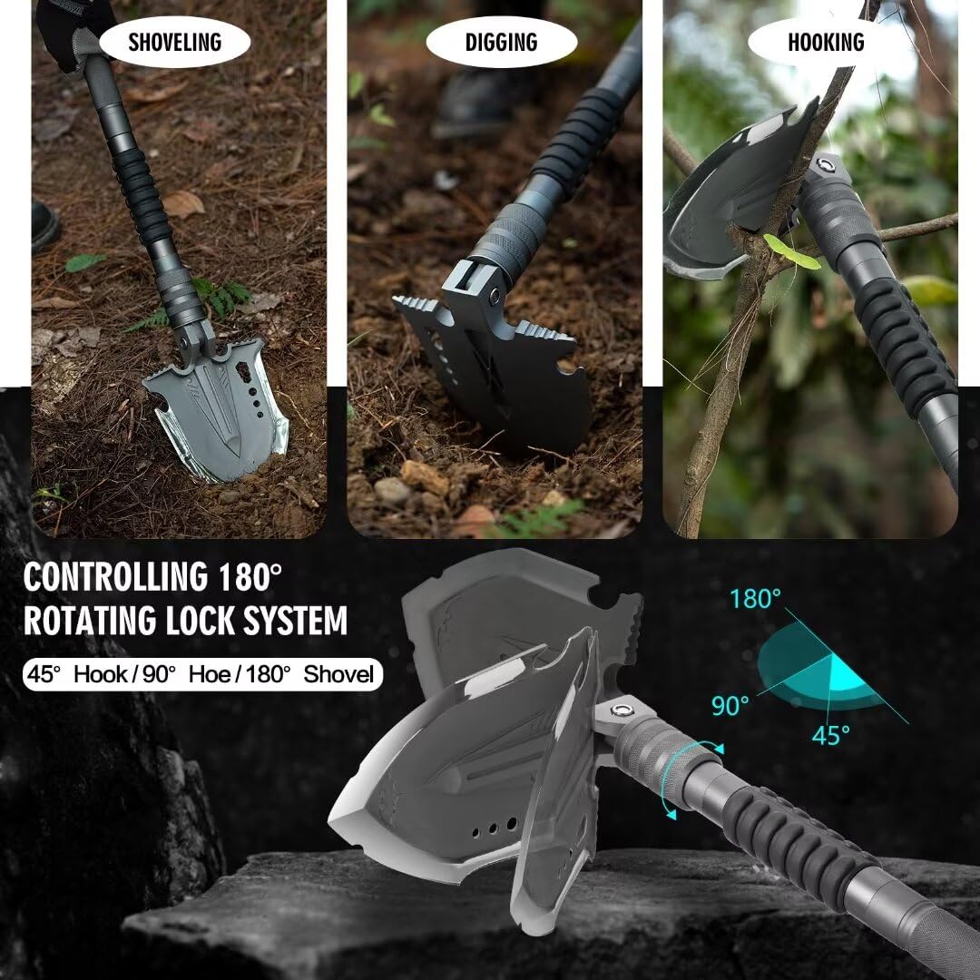 28-in-1 Unbreakable Tactical Survival Shovel with Axe - Multifunctional Camping Tool for Outdoor Adventures, Hiking, Backpacking & Emergency Preparedness - Perfect for Digging, Chopping, Sawing and Survival Situations