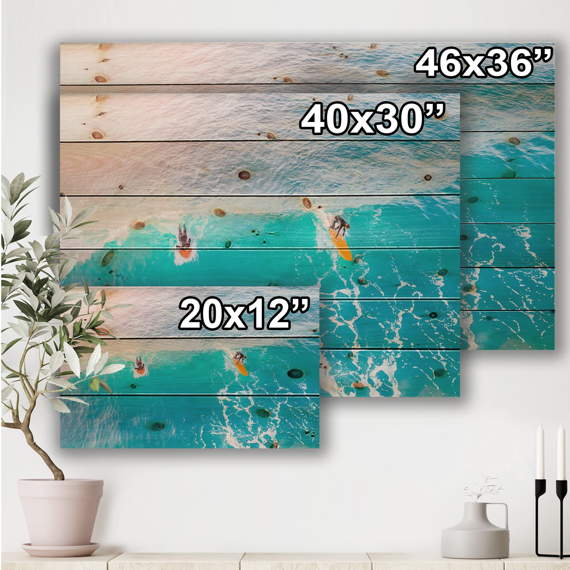 DesignQ Surfers on Ocean Wave Wood Wall Art - Large Blue Beach Decor Printed on Natural Pine Wood - Perfect for Coastal, Nautical & Surf-Themed Home Decor