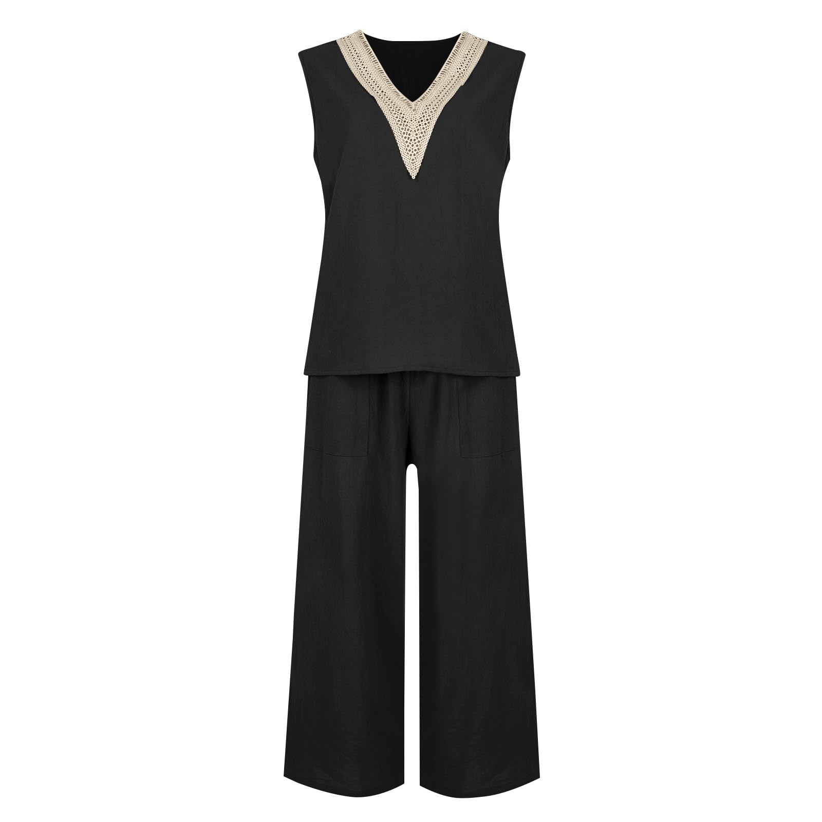 Women's Summer Linen Two Piece Set - Casual Lace V-Neck Short Sleeve Top & Long Pants Lounge Outfit | Perfect for Beach Vacations, Weekend Brunch & Relaxing at Home