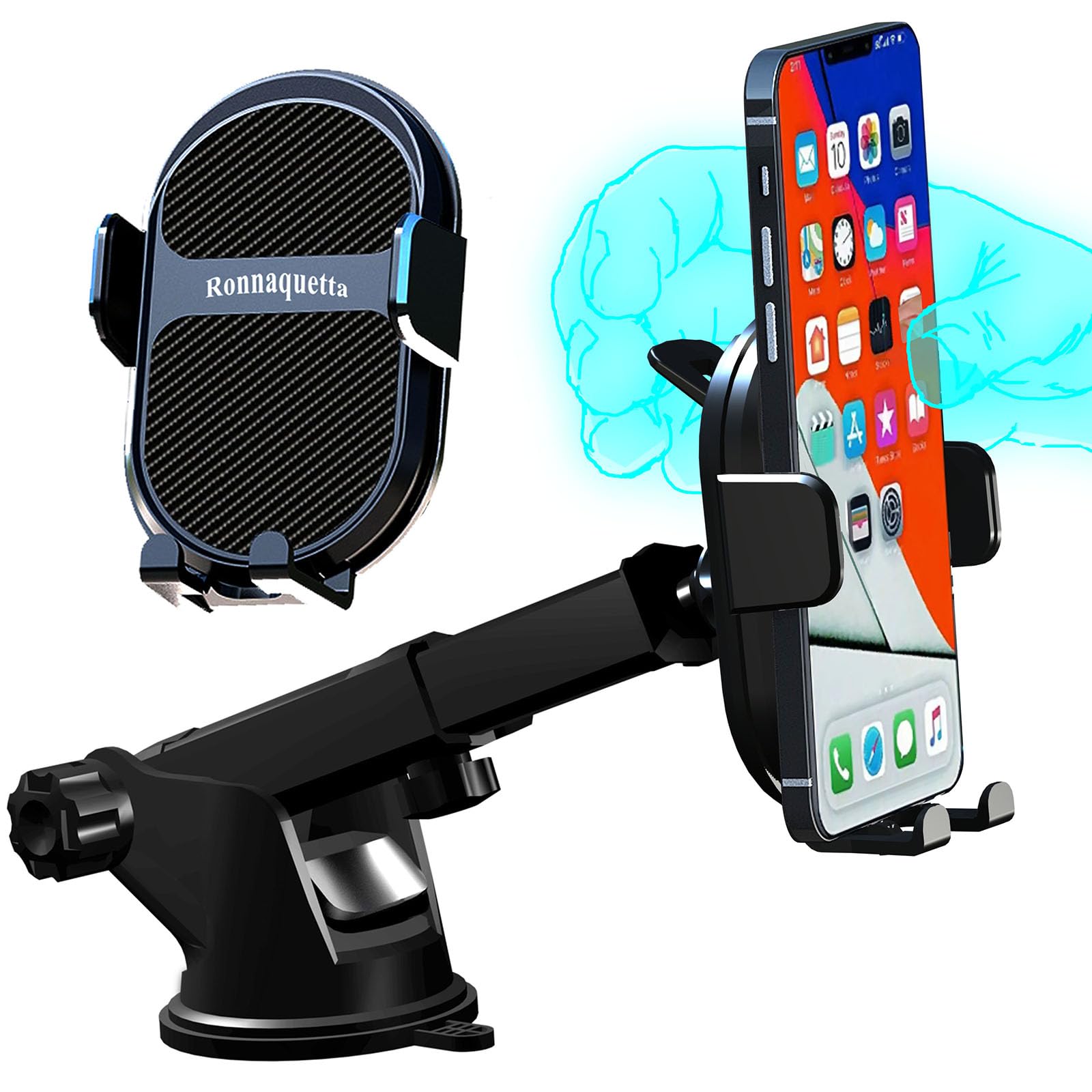 Car Phone Mount - 1 Second Quick Release, Adjustable 360° Rotation Phone Holder for Dashboard & Windshield - Perfect for GPS Navigation & Hands-Free Driving