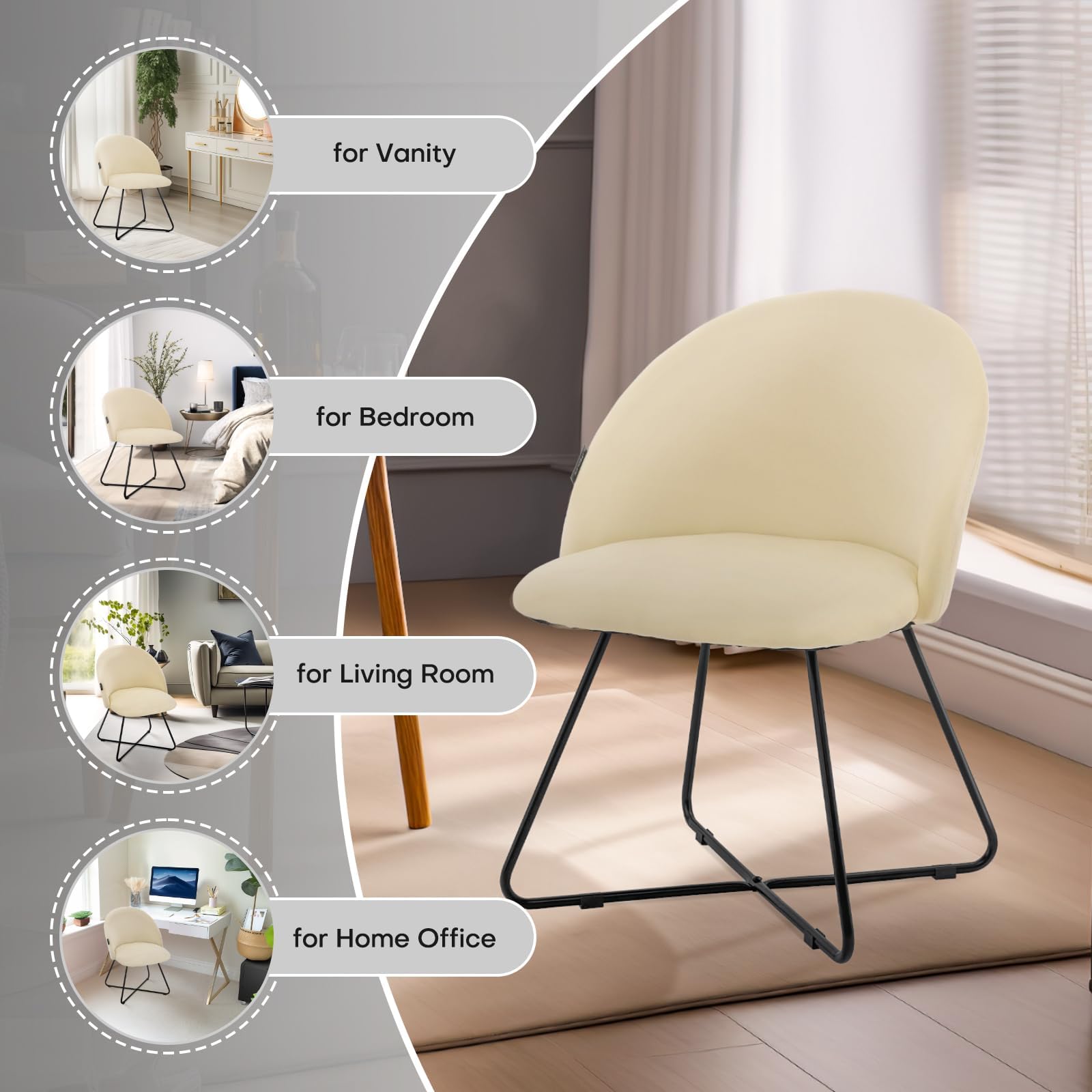 Redlife Velvet Vanity Chair with Back - Modern Upholstered Makeup Chair for Bedroom & Dressing Room, Beige Accent Chair for Women's Beauty Station & Home Decor