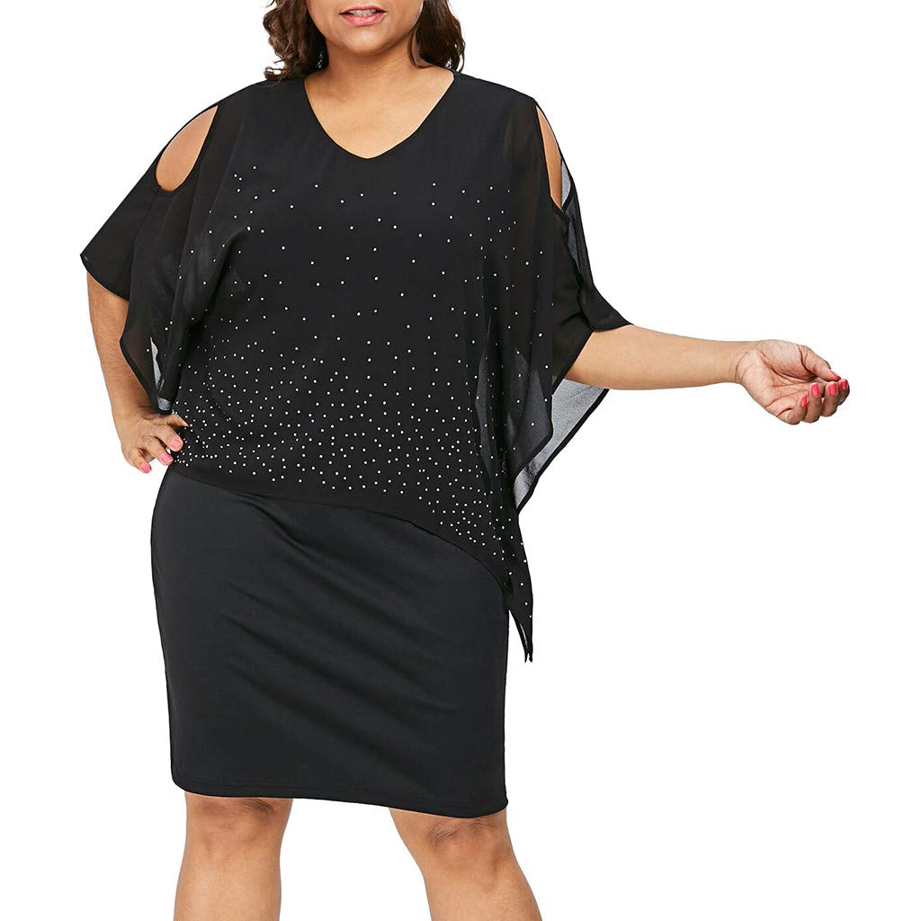 Elegant Plus Size Cold Shoulder Dress for Women - O-Neck Asymmetric Diamond Print Long Sleeve Overlay Dress | Perfect for Parties, Weddings & Special Occasions
