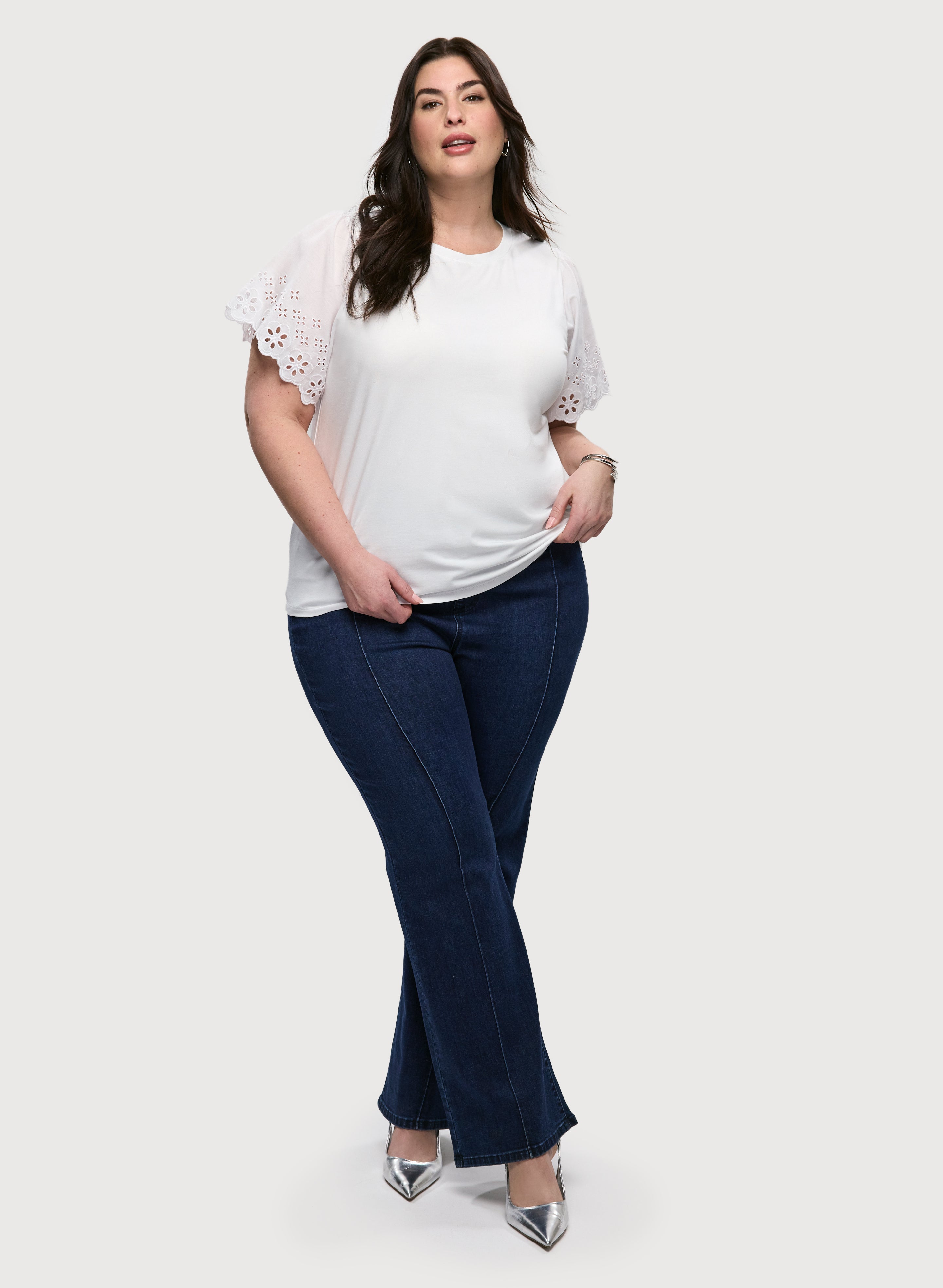 Stylish Eyelet Sleeve Tee & Comfortable Pull-On Bootcut Jeans for Women - Perfect for Casual Outfits, Date Nights & Office Wear