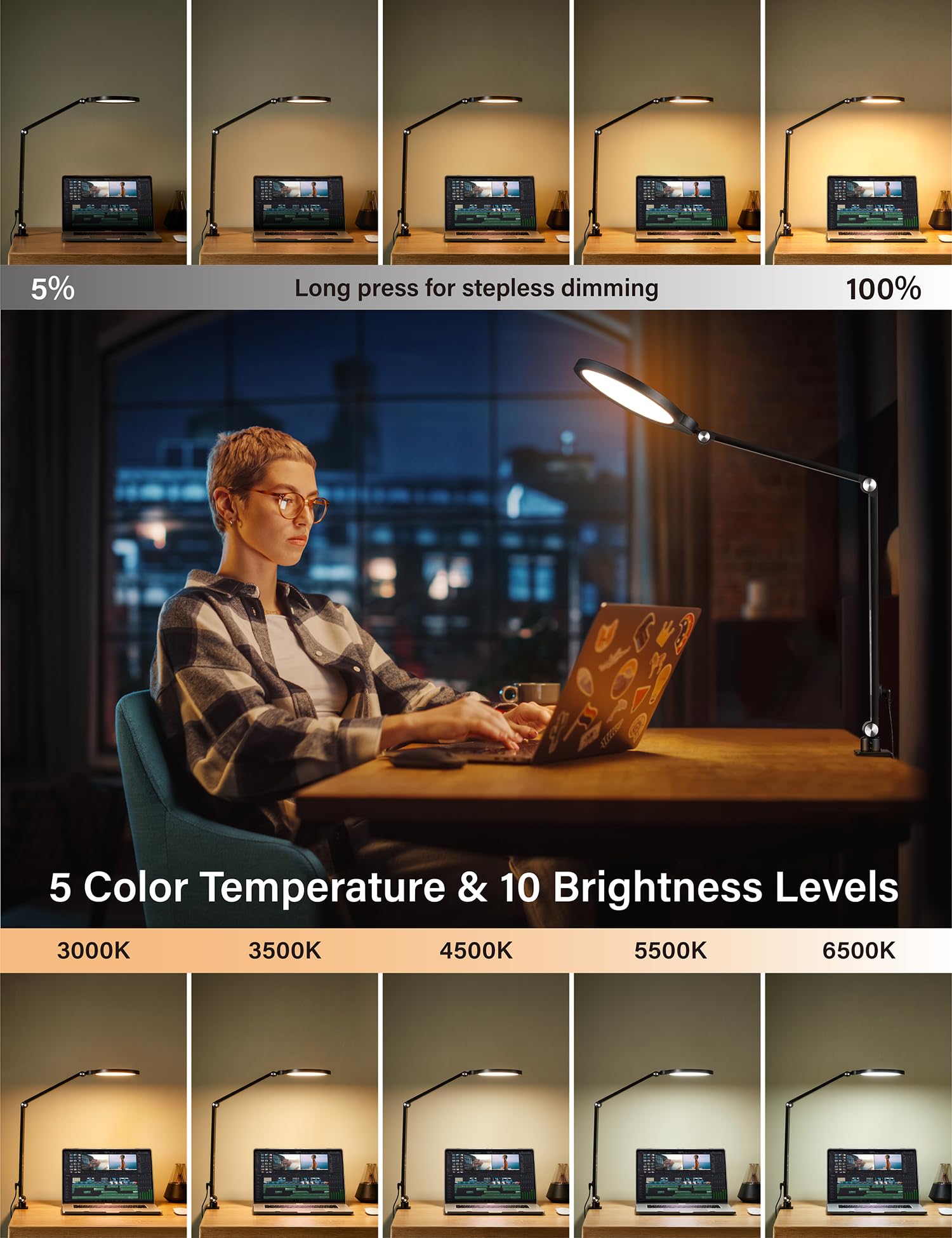 BOHON 15W LED Desk Lamp with 5 Color Modes & 10 Brightness Levels - Adjustable Swing Arm Clamp Light for Home Office, Video Conferencing, Reading, Zoom Meetings, Streaming & Gaming - Perfect Workspace Lighting Solution