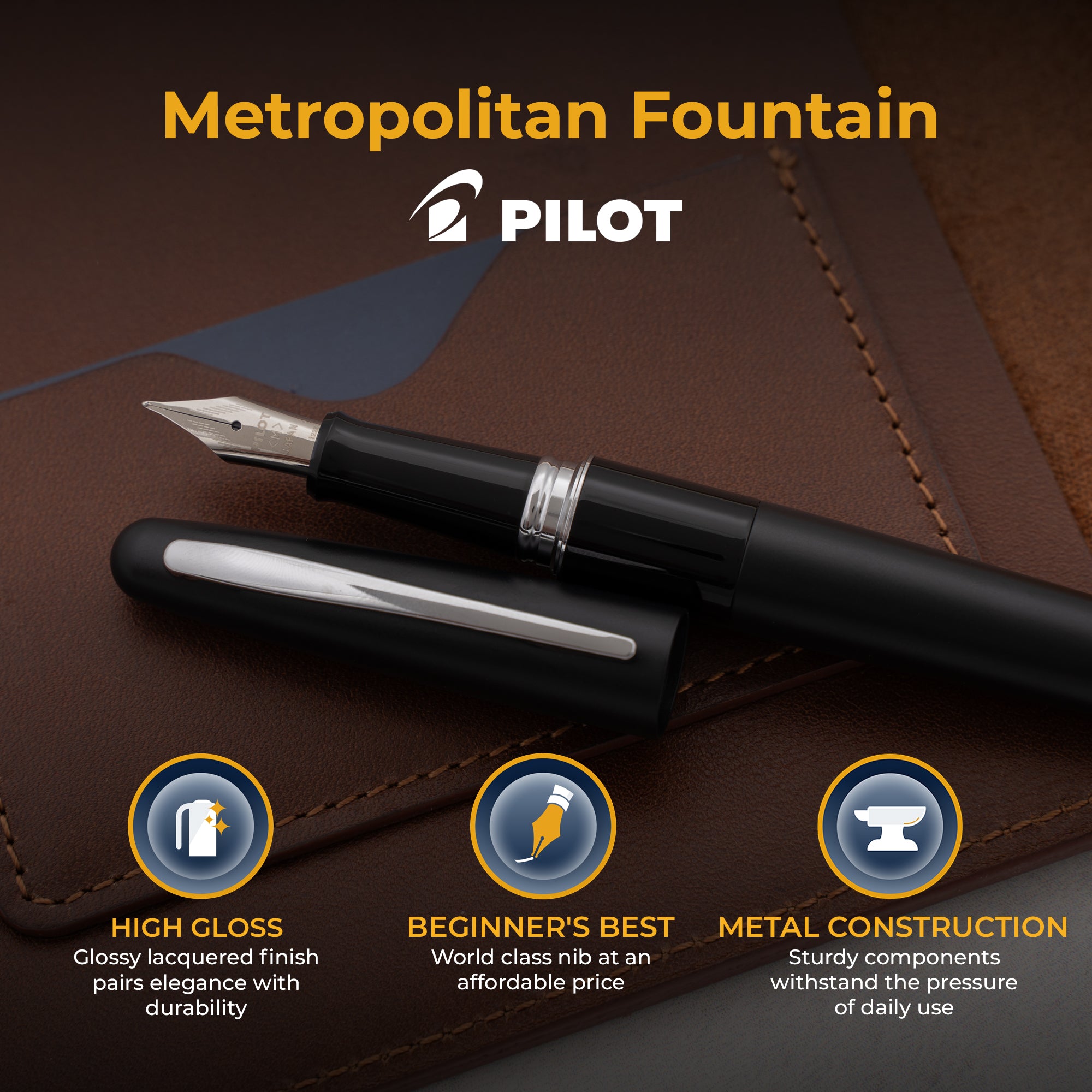 Pilot Metropolitan MR Fountain Pen - Black Lacquer with Silver Trim | Premium Writing Instrument for Calligraphy, Journaling & Office Use | Smooth Ink Flow for Professionals & Students