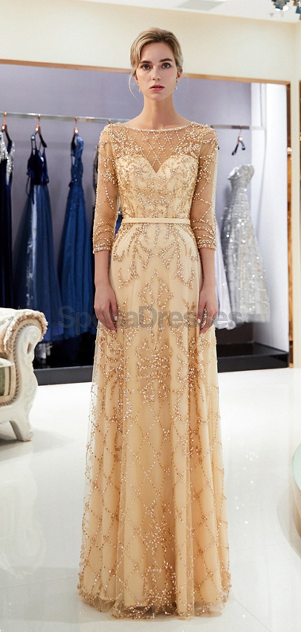 Elegant Long Sleeve Beaded Gold Evening Prom Dress for Women - Formal Gown for Homecoming, Ball, Party & Special Occasions | Style 12059