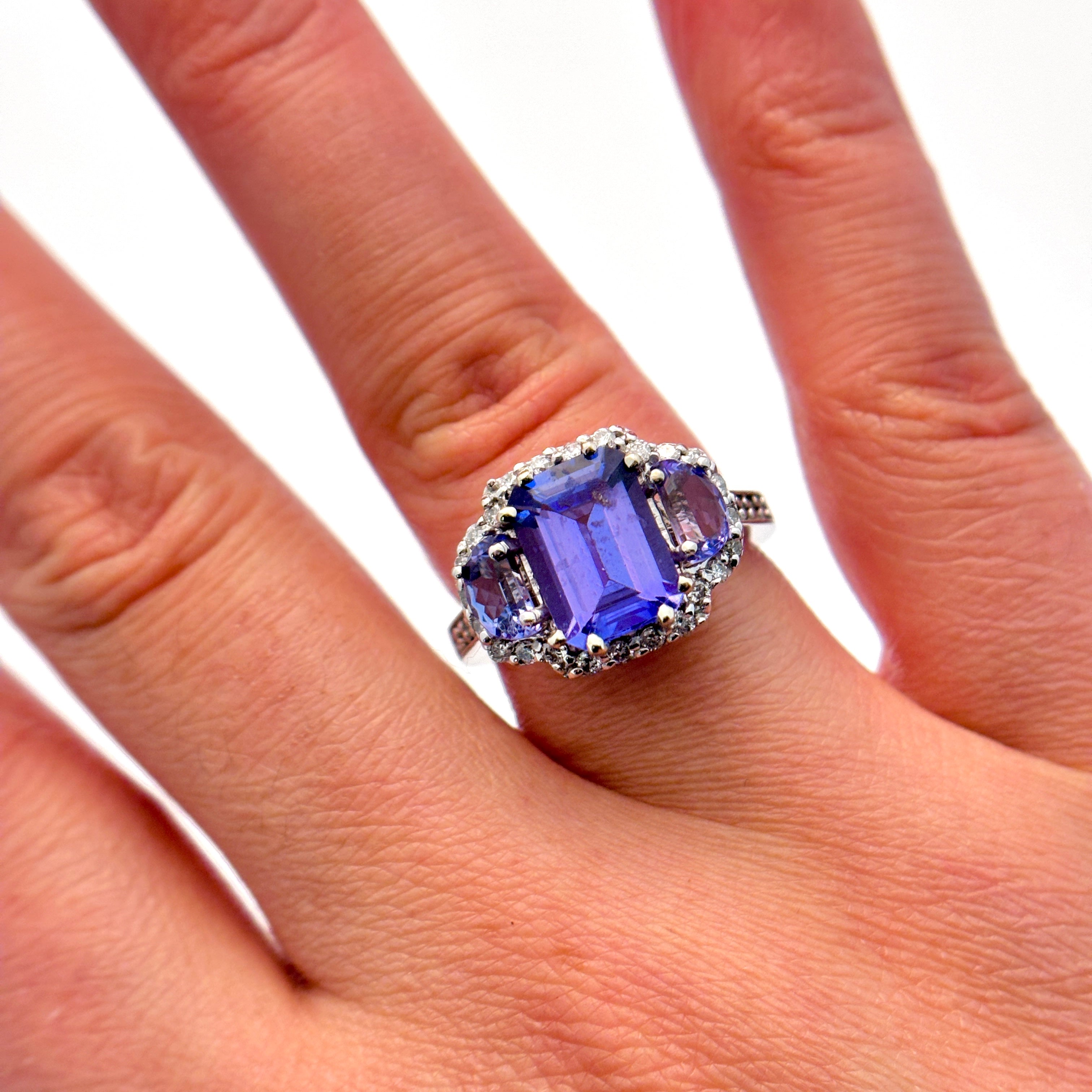 14K Gold Tanzanite and Diamond Three Stone Ring - 3.40ctw Tanzanite & 0.50ctw Diamonds - Size 6.75 - Elegant Engagement Ring, Anniversary Gift, or Special Occasion Jewelry