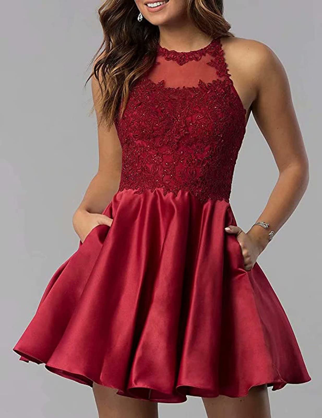 Burgundy Halter Applique Sleeveless Homecoming Dress for Women Size 10 - Junior Party Dress with Pockets | Perfect for Prom, Formal Events & Special Occasions