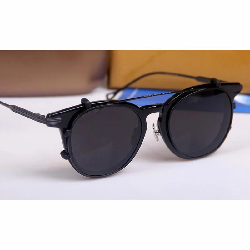 Aimee Unisex Full Rim Round Acetate Eyeglasses with Titanium Clip-On Sunglasses - Stylish Reading Glasses & Sun Protection for Men & Women | Perfect for Outdoor Activities, Driving, and Fashion Accessories