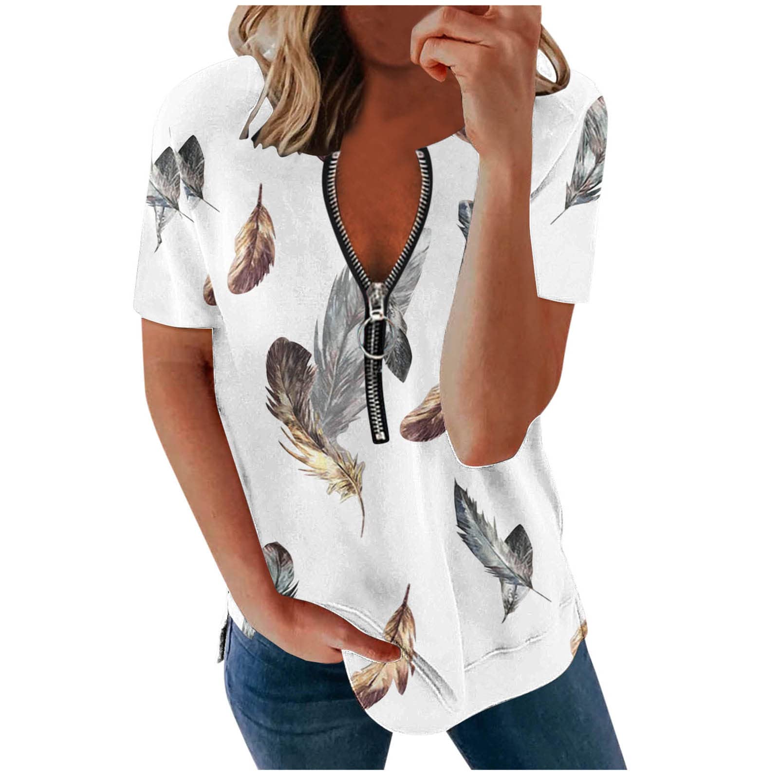 Funny Women's T-Shirts | Casual Short Sleeve V-Neck Printed Blouse with Zipper | Hawaiian Shirt Style Activewear Top #1497 | Perfect for Beach Vacations, Summer Outings & Casual Wear