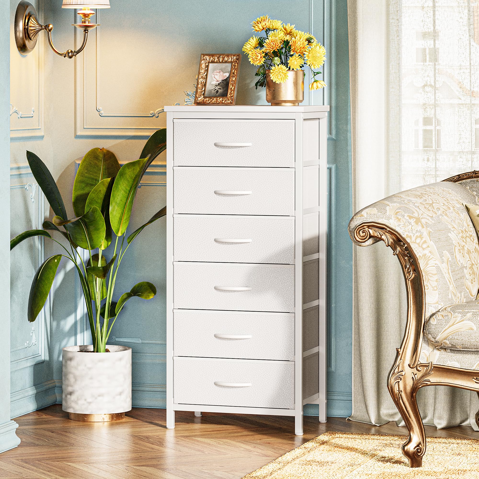 Huuger 6-Drawer Tall Dresser for Bedroom - White Fabric Storage Tower with Metal Frame & PU Leather Bins - Perfect for Closet Organization, Bedroom Storage, Nightstand or End Table - Space-Saving Dresser Chest for Small Spaces