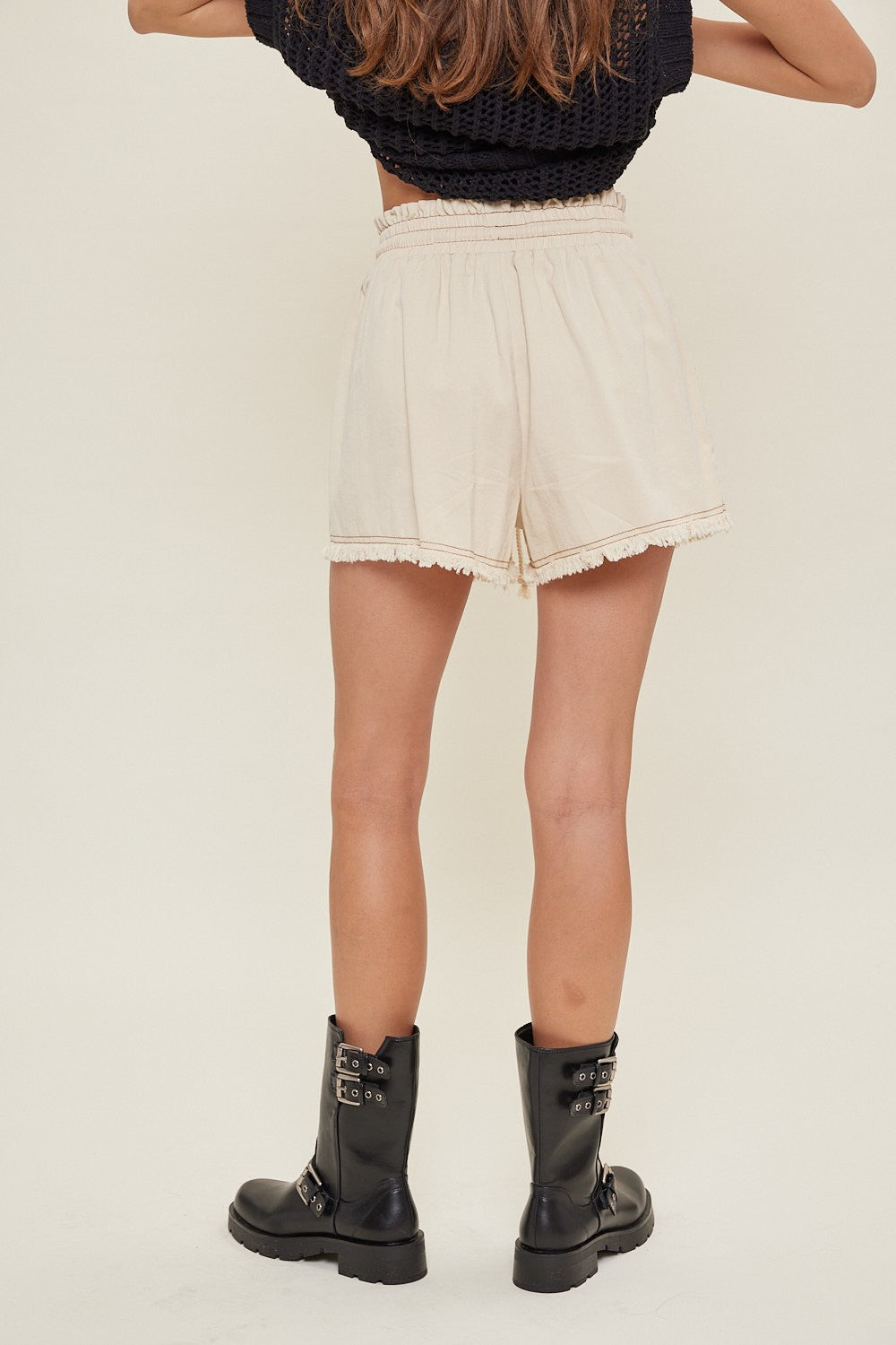 Beige Boho Drawstring Shorts with Fringe Hem - Women's Casual Summer Shorts for Beach, Vacation & Outdoor Activities