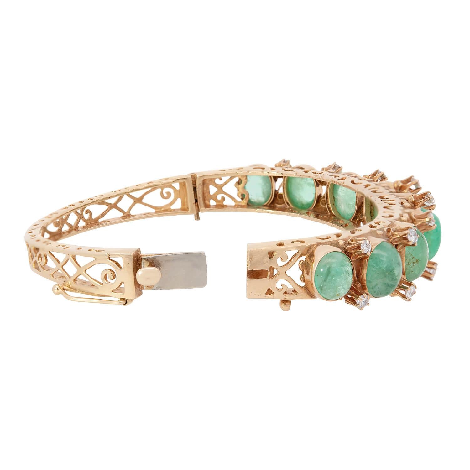 14K Gold Retro Emerald and Diamond Bangle Bracelet for Women - Vintage Style Jewelry Gift for Anniversary, Birthday & Special Occasions
