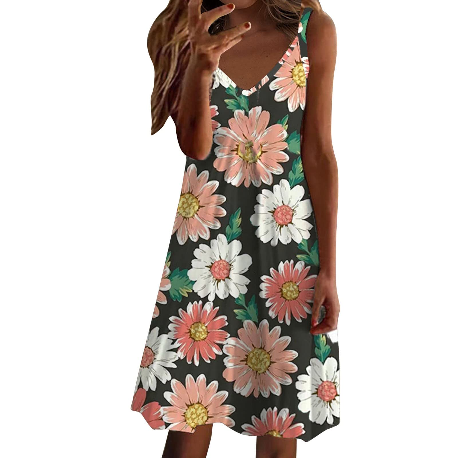 Boho Floral V-Neck Midi Dress for Women - Sleeveless Knit Summer Sundress - Perfect for Beach Vacations, Casual Outings & Boho Fashion