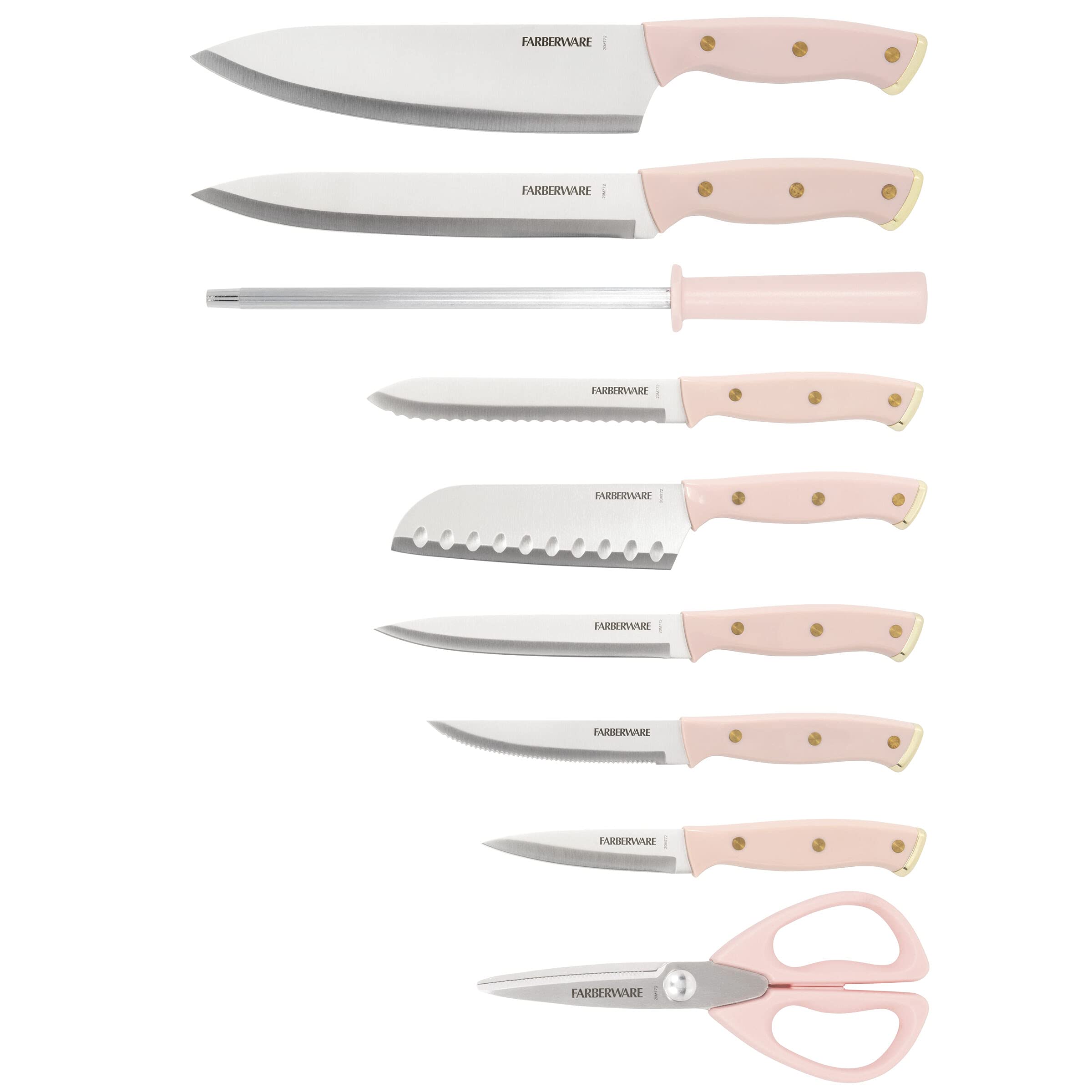 Farberware 15-Piece Triple Riveted Acacia Wood Knife Block Set - High Carbon Stainless Steel Kitchen Knives with Ergonomic Handles - Razor Sharp Knife Set in Pink and Gold - Perfect for Home Cooking, Professional Chefs & Gift Giving