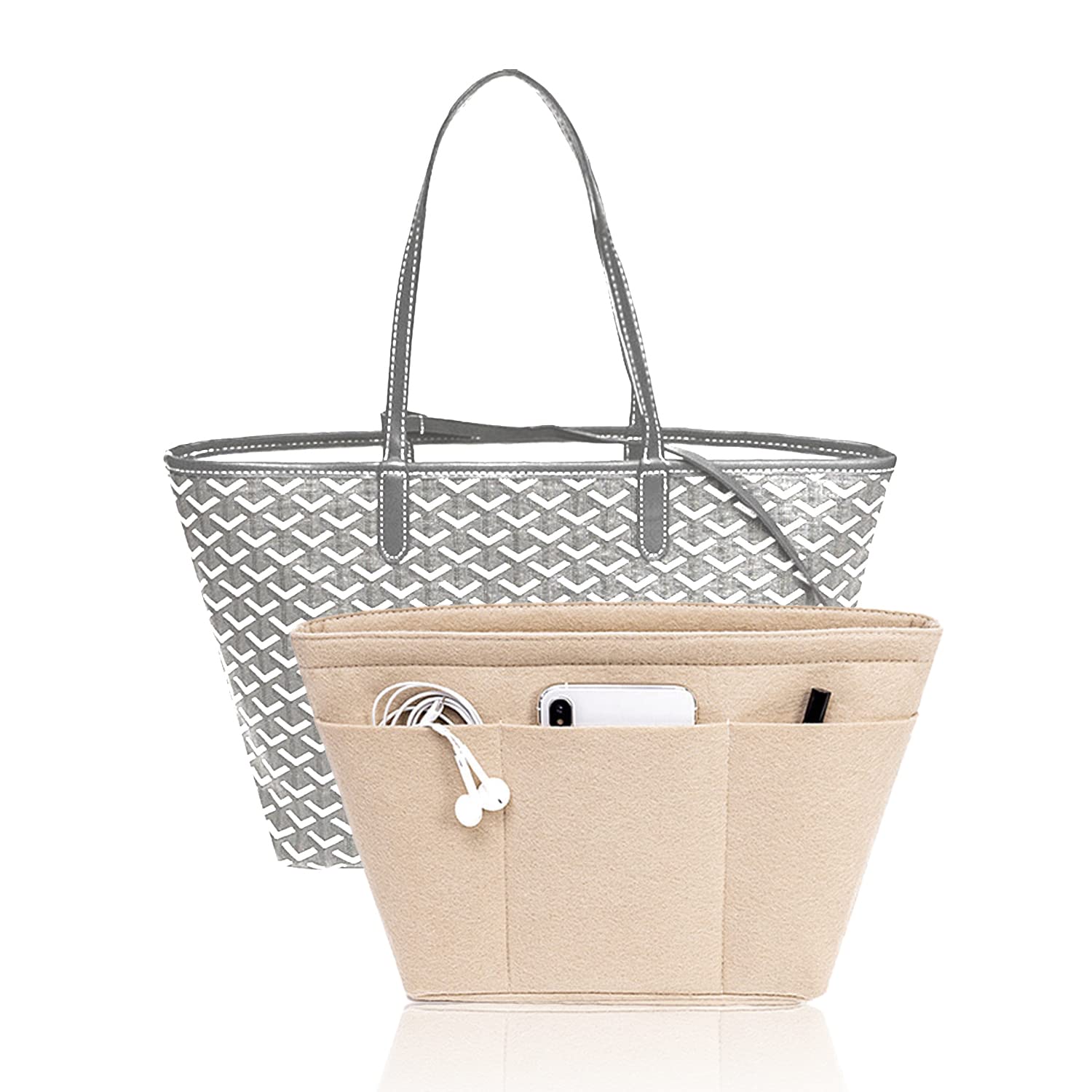 D.DUO Felt Purse Organizer Insert with 12 Pockets - Tote Bag & Handbag Organizer for Women (Beige, Small) | Perfect for Travel, Work & Everyday Use
