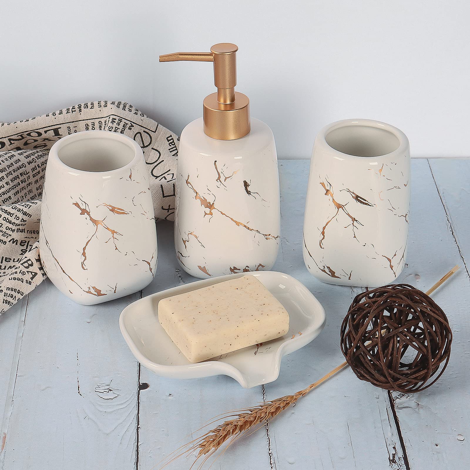 4-Piece Creative Golden White Ceramic Bathroom Accessory Set - Includes Soap Dispenser, Toothbrush Holder, Tumblers & Soap Dish | Elegant Ceramic White Finish | Perfect for Modern Bathrooms, Guest Suites & Spa-Style Decor