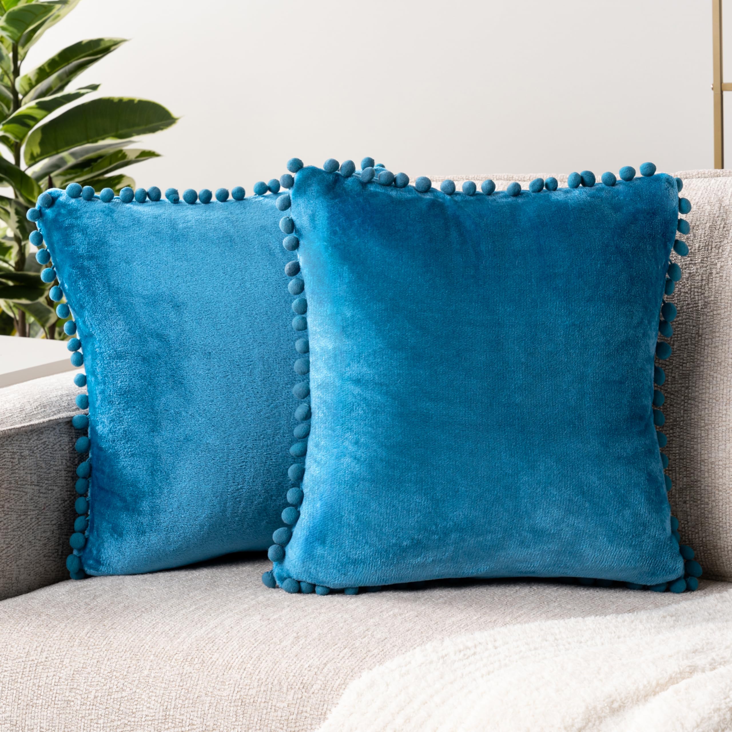 PAVILIA Teal Blue Velvet Throw Pillow Covers 18x18 Inches Set of 2 - Soft Plush Pom Pom Decorative Cushion Covers for Sofa, Couch & Bed - Luxury Home Decor for Living Room, Bedroom & Dorm Aesthetic