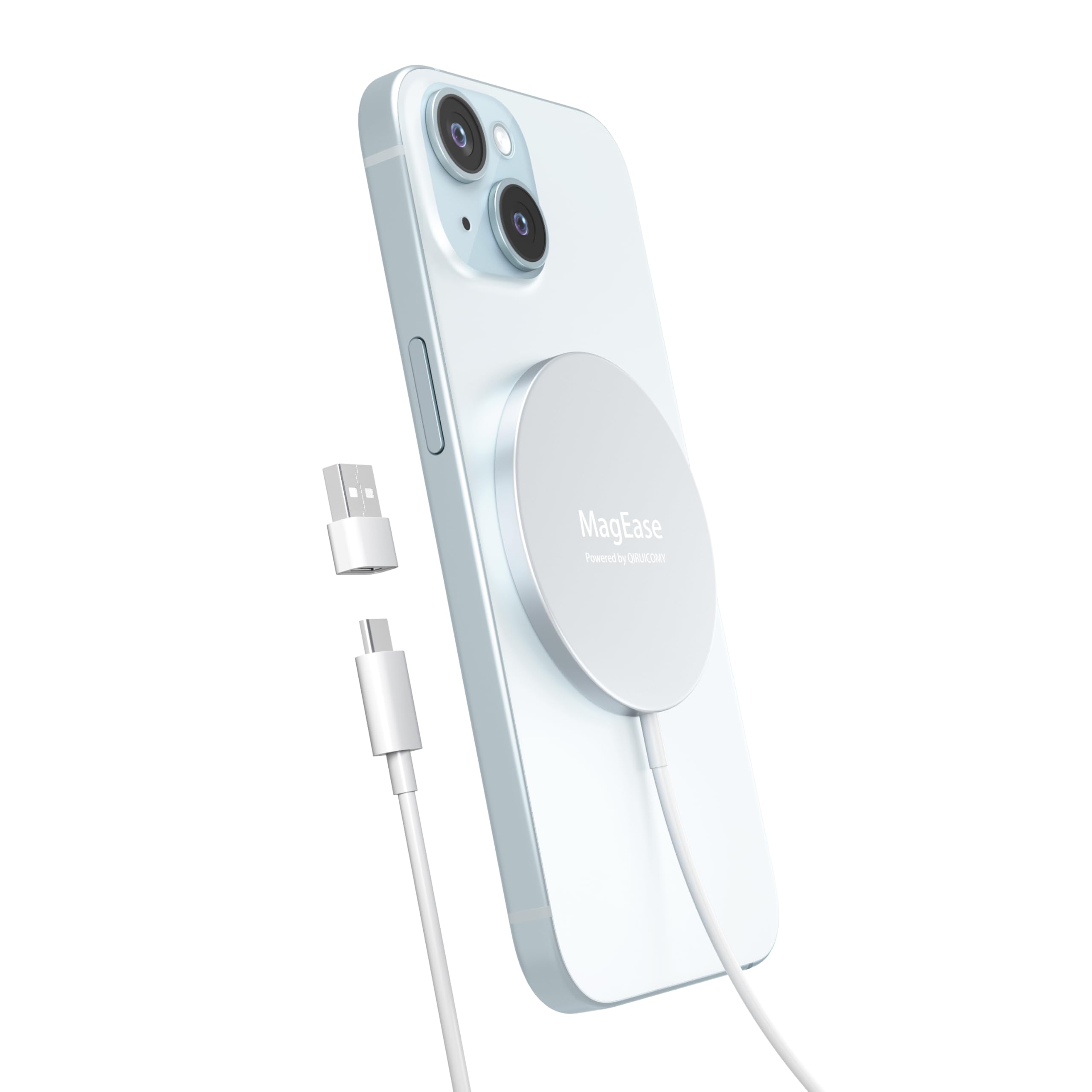 MagEase 15W Magnetic Wireless Charger for iPhone 16/15/14/13/12 Series & AirPods 3/2/Pro - Fast Charging Pad with USB-C Cable & USB-A Adapter (White) | Perfect for Home, Office & Travel Charging