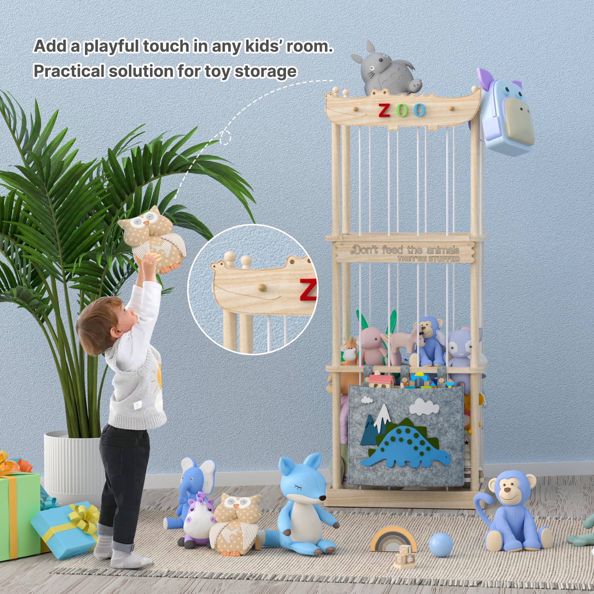 Upgraded Wooden Stuffed Animal Storage Organizer - XXL Toy Chest & Plushie Net for Kids Nursery, Playroom & Bedroom | Perfect for Organizing Stuffed Toys, Books & Baby Essentials