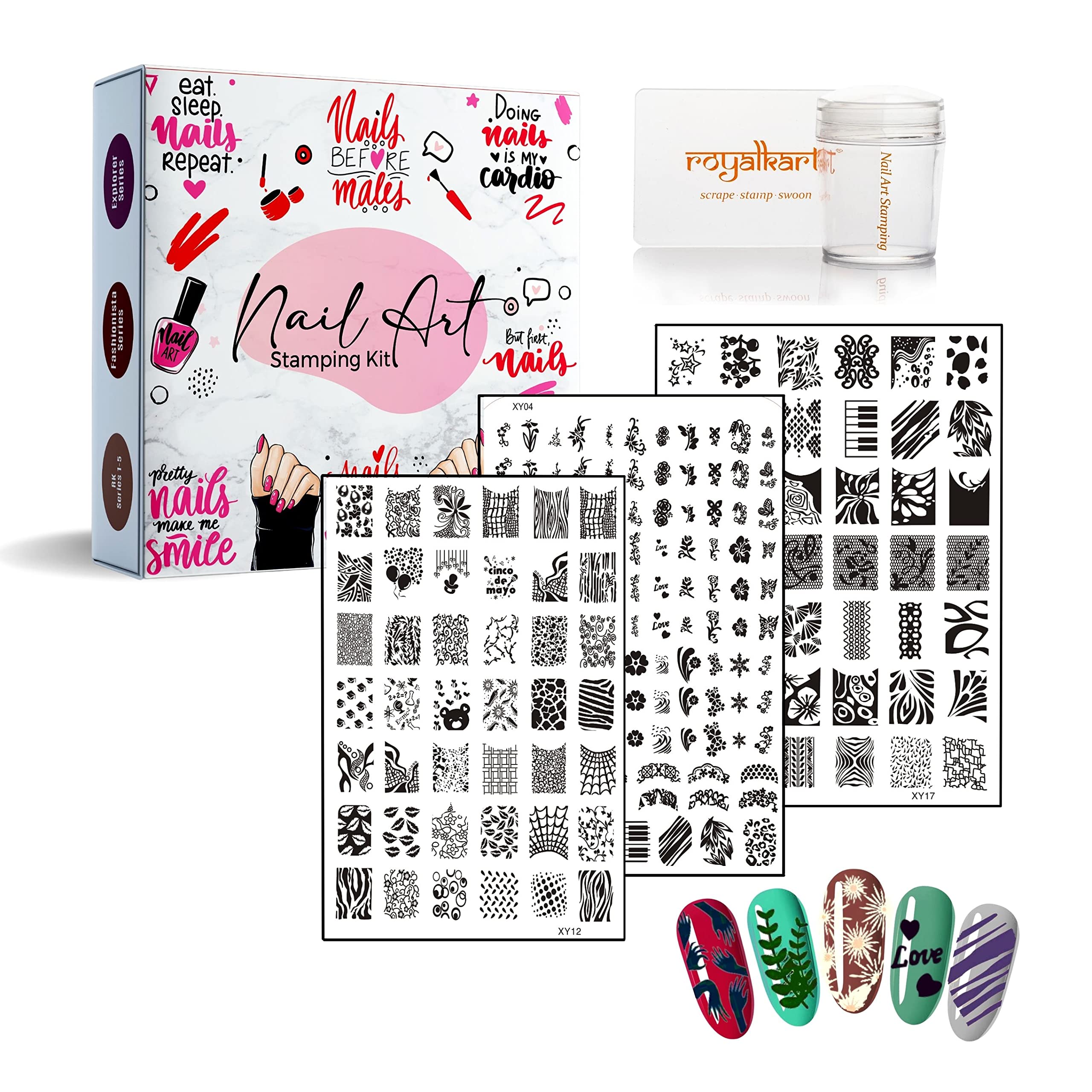 RoyalKart Professional Nail Art Kit for Women & Girls - 3 Nail Stamping Plates (XY12,04,17), Stamper & Scraper - DIY Manicure Accessories for Salon-Quality Nails at Home, Parties & Gifts