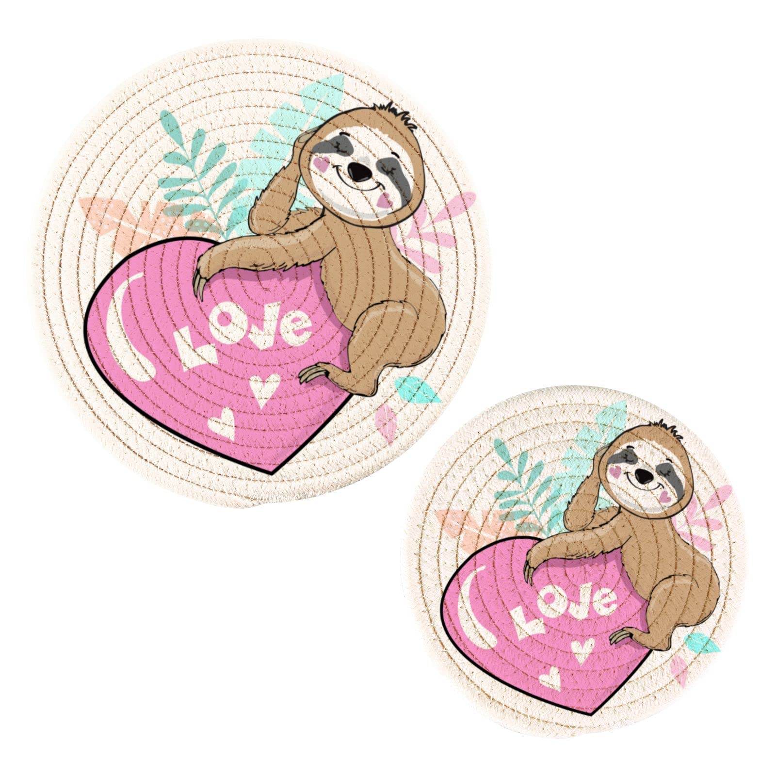 Sloth Heart Valentine's Day Pot Holders & Trivets Set - 2 PCS Heat Resistant Round Coasters, Cotton Woven Placemats for Hot Dishes, Pans & Bowls - Perfect for Kitchen, Dining & Holiday Gifting