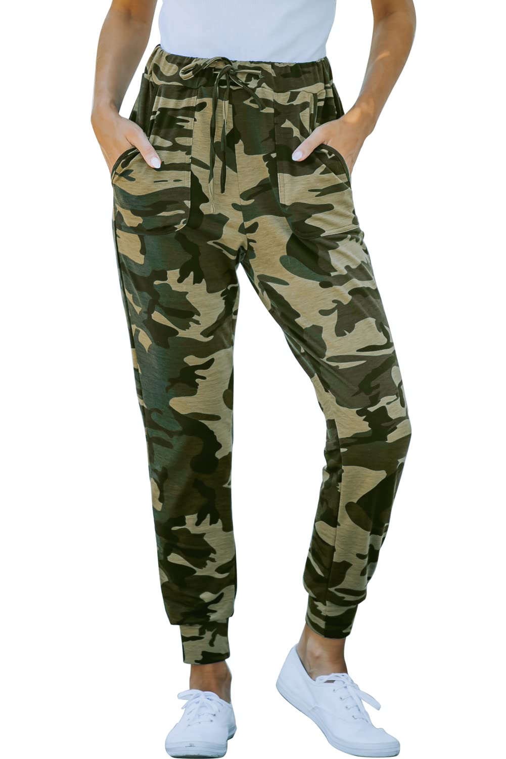 Women's Camo Cargo Pants - Stretch Waist Cool Camouflage Jogger Pants with Pockets for Outdoor, Hiking & Casual Wear | Trendy Elastic Waist Casual Pants for Women