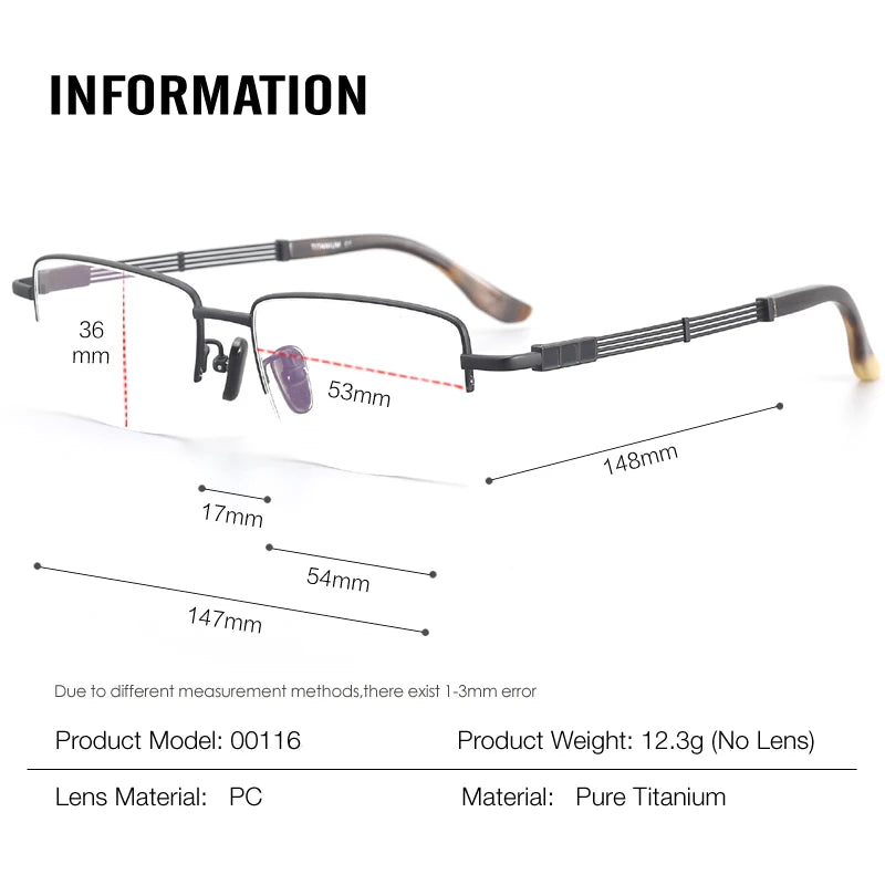 Aror Unisex Semi-Rimless Square Titanium Horn Temple Eyeglasses 494115 - Lightweight & Durable Eyewear for Work, Reading, and Fashion