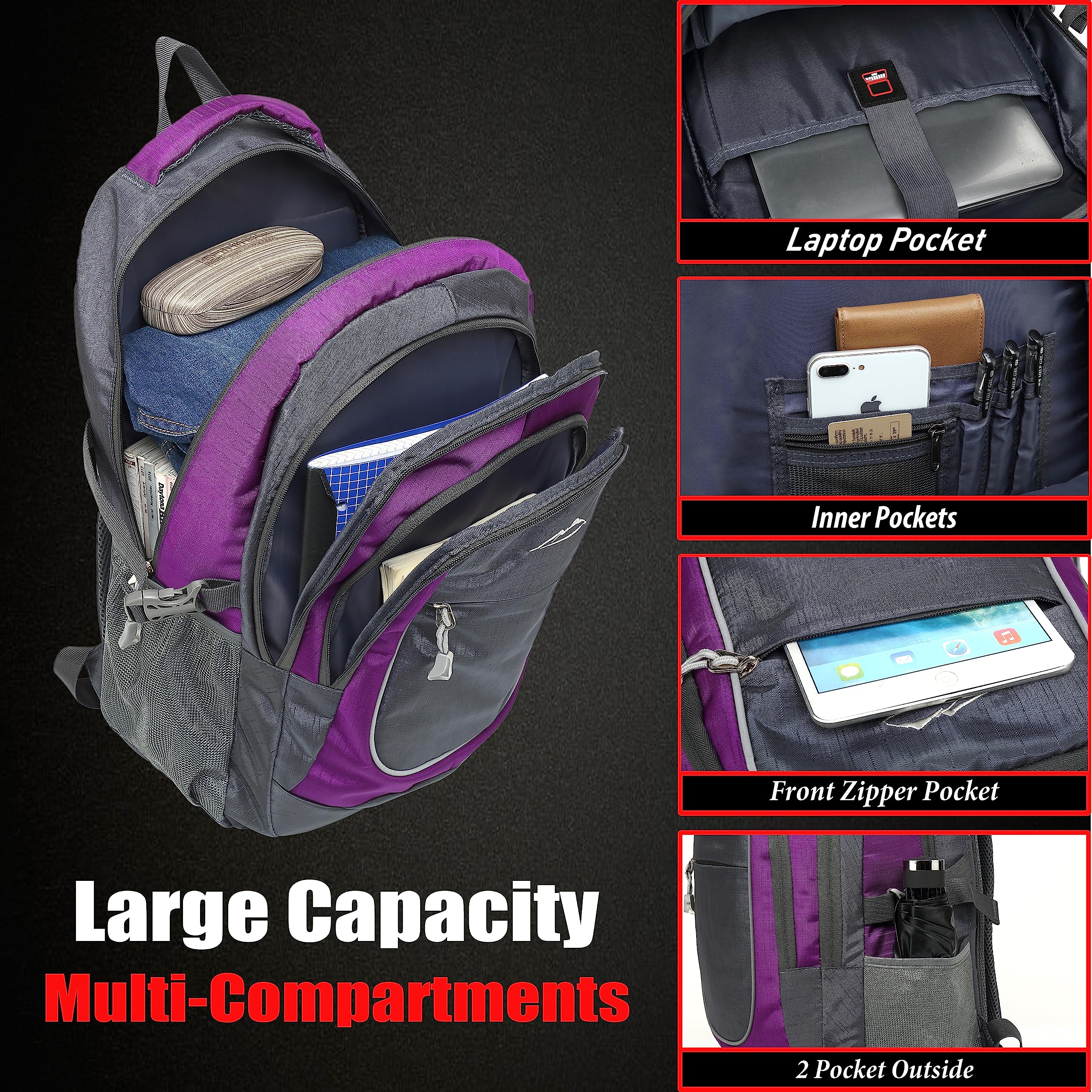 Durable 15.6 Inch Laptop Backpack for School, College, Travel & Hiking - Multi-Compartment Water-Resistant Book Bag with USB Charging Port & Reflective Strips (Black/Purple) - Perfect for Students, Professionals & Outdoor Enthusiasts