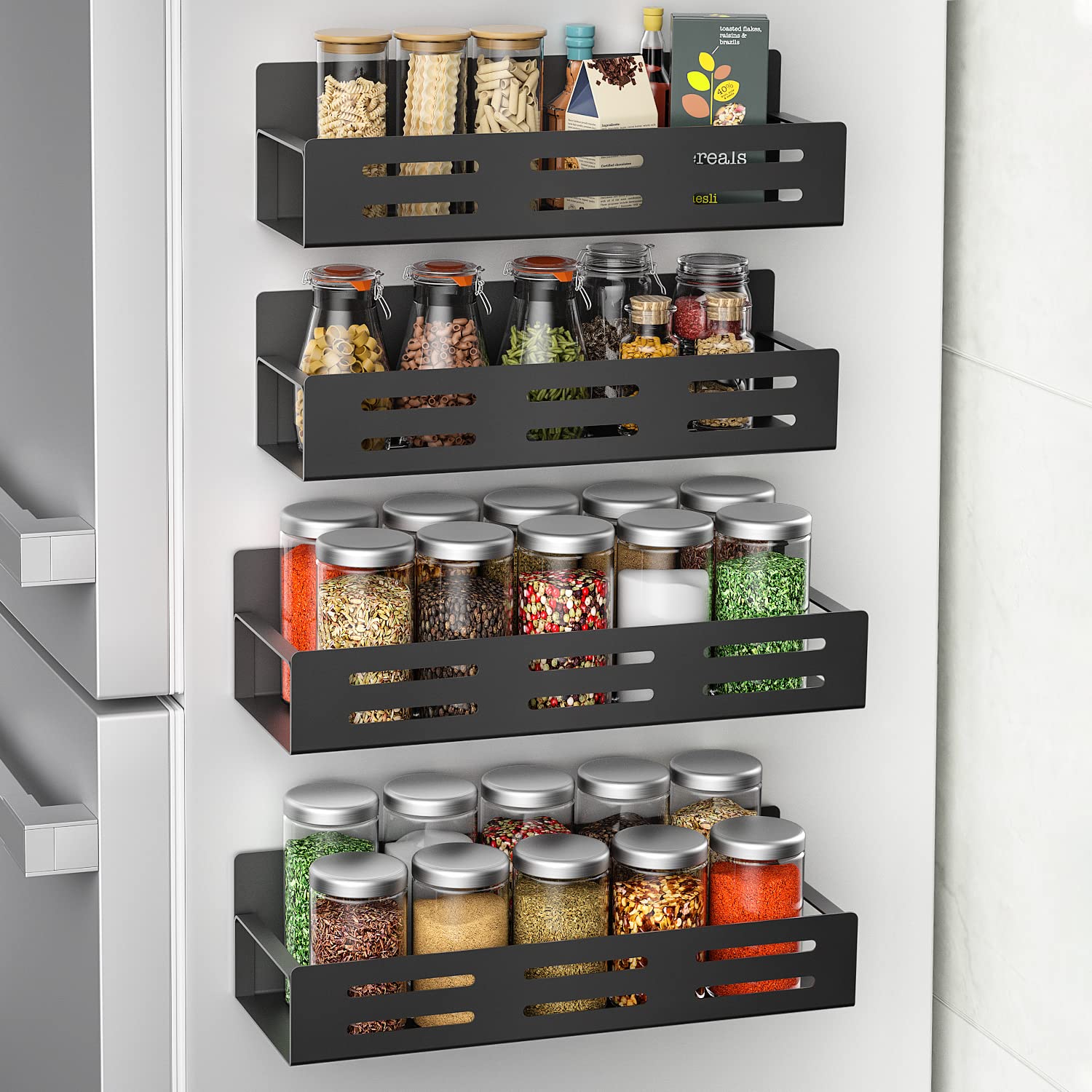 MFTEK 4-Pack Magnetic Spice Rack for Refrigerator - Strong Magnetic Shelf Organizer for Spices & Seasonings - Space Saving Metal Fridge Storage Rack - Perfect for Kitchen Organization & Small Space Storage (Ideal for Refrigerator Doors, Pantries & Compact Kitchens)