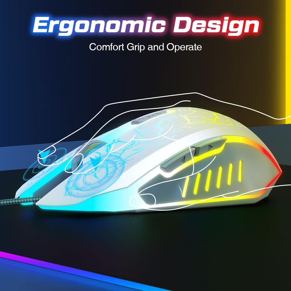 VersionTECH. Wired Gaming Mouse - Ergonomic RGB Backlit Mouse with 7 LED Lights, 6 Programmable Buttons & 4 Adjustable DPI for PC, Laptop, Chromebook, Mac - Perfect for Gaming, Office Work & Graphic Design (White)