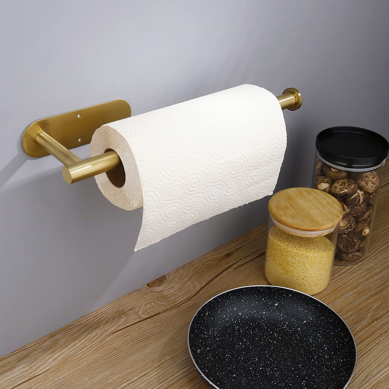 Under Cabinet Paper Towel Holder - Self Adhesive Stainless Steel Wall Mounted Kitchen Towel Rack (Gold Finish) - Perfect for Small Spaces, RVs & Compact Kitchens