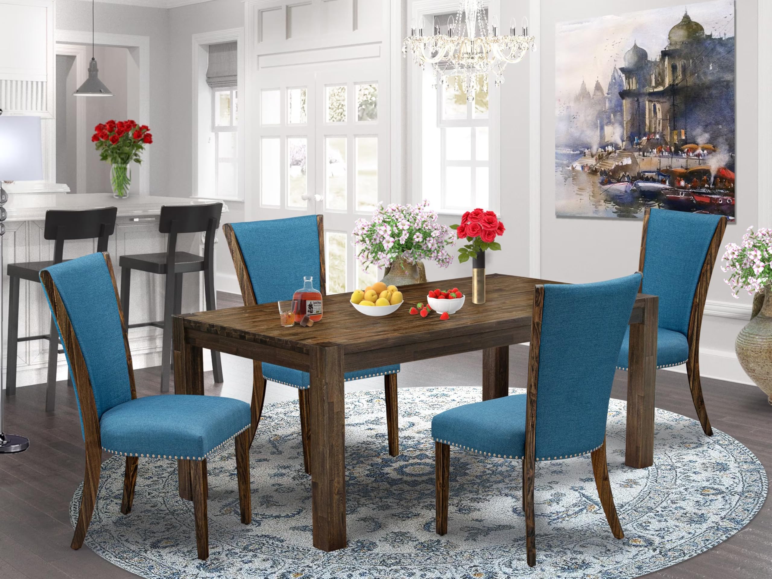 East West Furniture LMVE5-77-21 5-Piece Rustic Wood Dining Table Set with 4 Blue Linen Upholstered Chairs, 40x72 Inch Jacobean Finish - Perfect for Farmhouse Kitchens, Small Dining Rooms & Cozy Breakfast Nooks