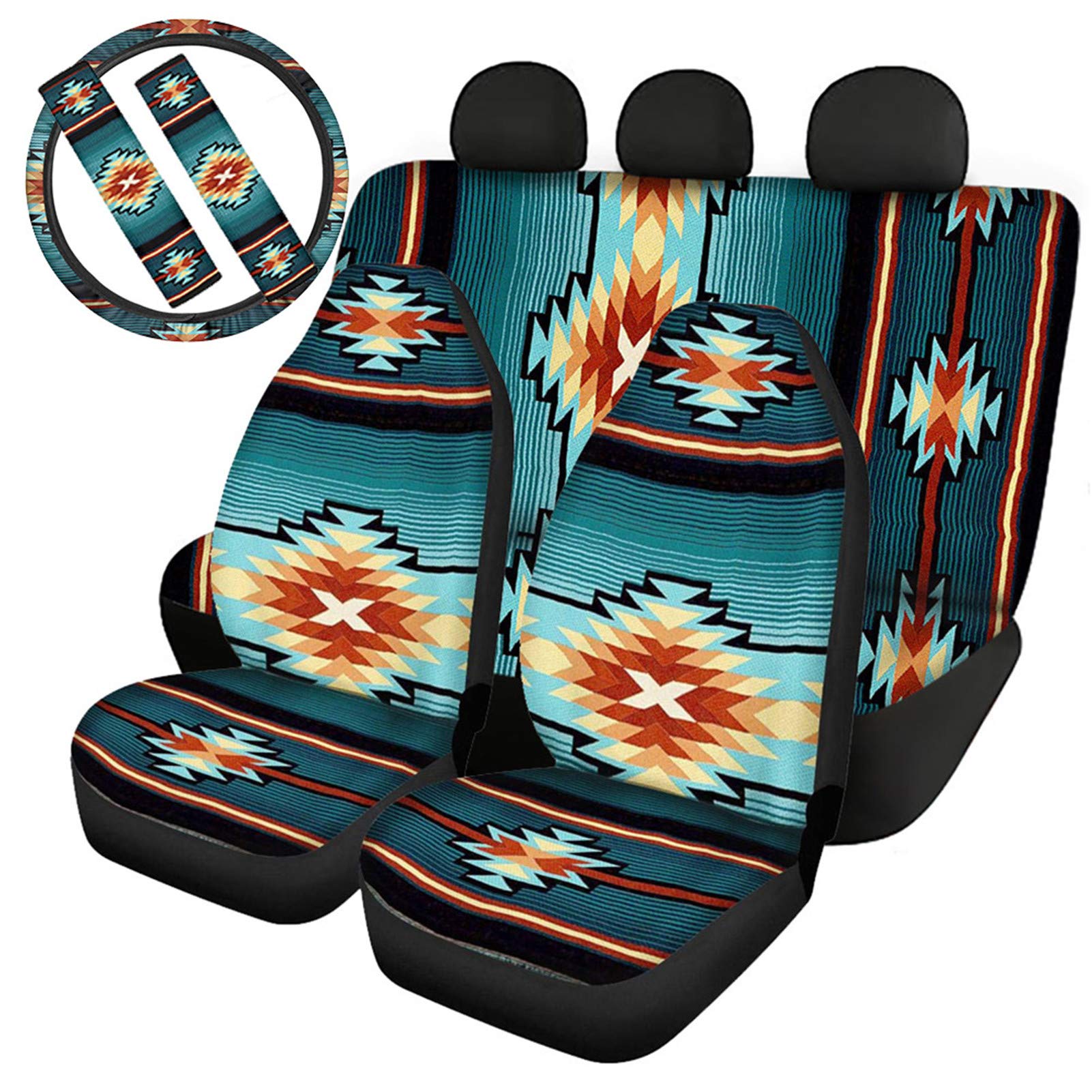 **Coloranimal Universal Fit Front & Rear Seat Protector Set - 6PCS Aztec Tribal Ethnic Printed Non-Slip Car Seat Covers, Seat Belt Safety Pads & Steering Wheel Cover - Durable Car Accessories for SUVs, Sedans & Trucks - Perfect for Road Trips, Family Travel & Pet Protection**