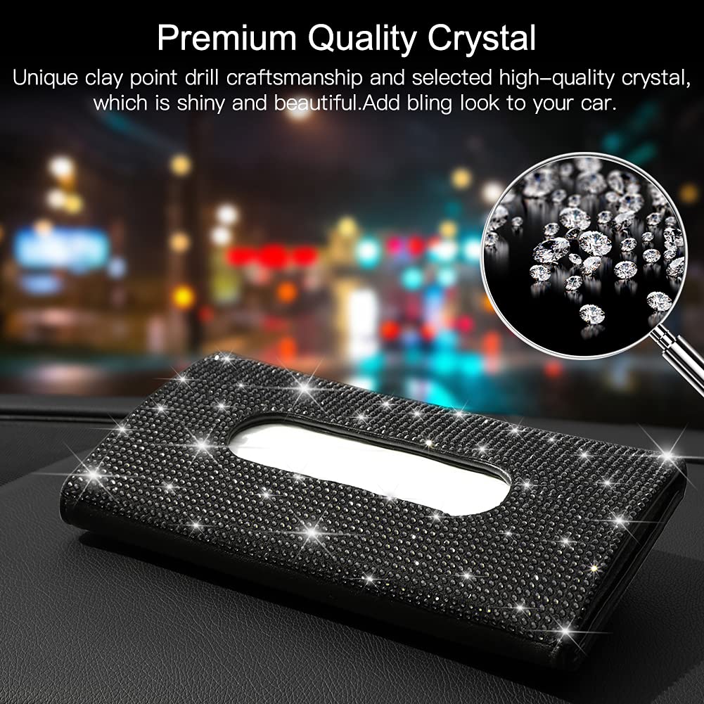 Black Rhinestone Car Tissue Holder - Sun Visor Napkin Holder with 1 Refill Pack | Perfect for Road Trips, Commuting & Car Organization